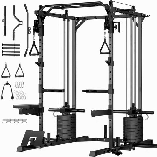 JEEKEE Power Cage with Cable Crossover System, 2200LB Heavy Duty Power Rack with Dual Pulley, 180LB Weight Stack, LAT Pulldown, 20+ Attachments for Home Gym,Black