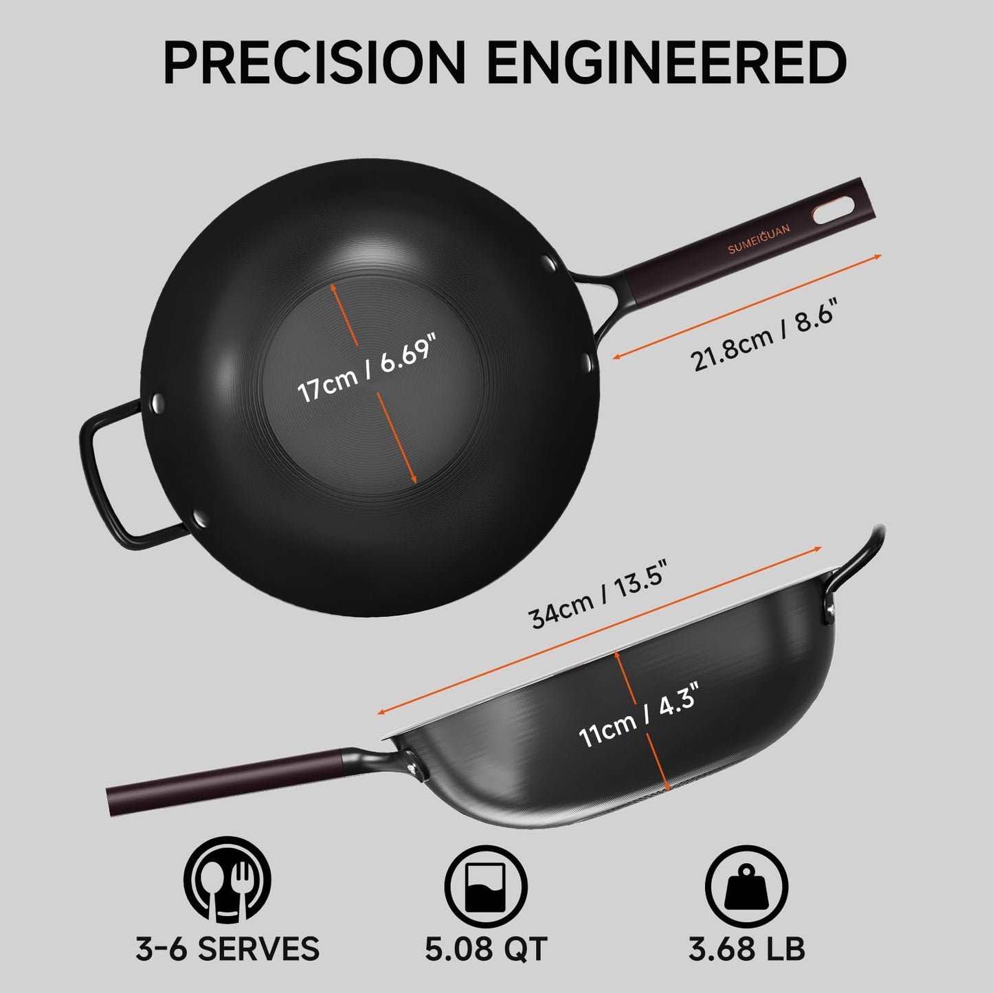 SUMEIGUAN 13.5" Carbon Steel Wok Pan - Pre-Seasoned Flat Bottom Woks & Stir-fry Pans Chinese Cookware with Lid & Spatula - For Pan-fry,Stir Fry, Steam, BBQ & Camping - Compatible with Induction, Gas