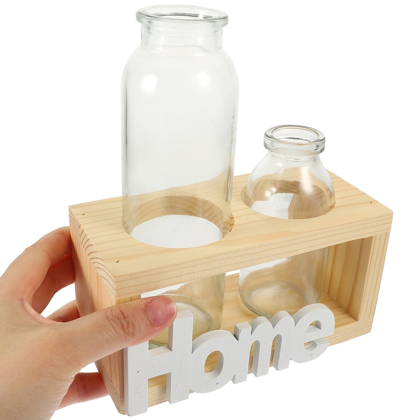 FESTFENDS Glass Terrarium Plant Vase with Wooden Stand, Hydroponic Propagation Station for Indoor Plants, Nordic Style Desktop Flower Vase Home Décor Set with 2 Glass Containers and Natural