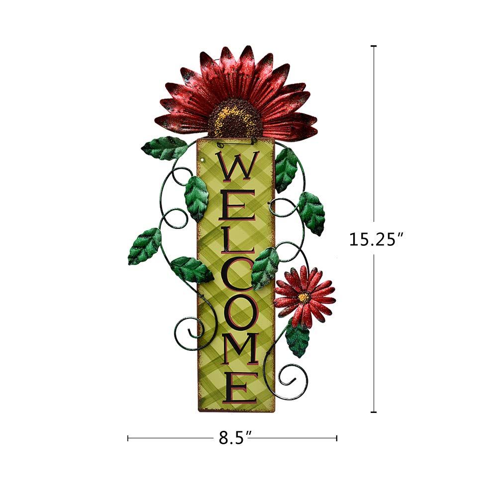 E-view Metal Welcome Sign Rustic Wall Hanging Plaque - Decorative Welcome Flower Signs for Porch Front Door Farmhouse Home Decoration Garden Themed Wreath Ornament (Red)