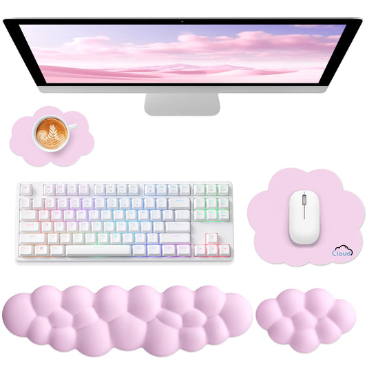 Sushret Cloud Wrist Rest for Computer Keyboard, 4-in-1 Memory Foam Leather Cloud Keyboard Wrist Rest and Mouse Pad Set with Ergonomic Support for Arm and Palm Cushion, Gaming/Work Setup, Pink