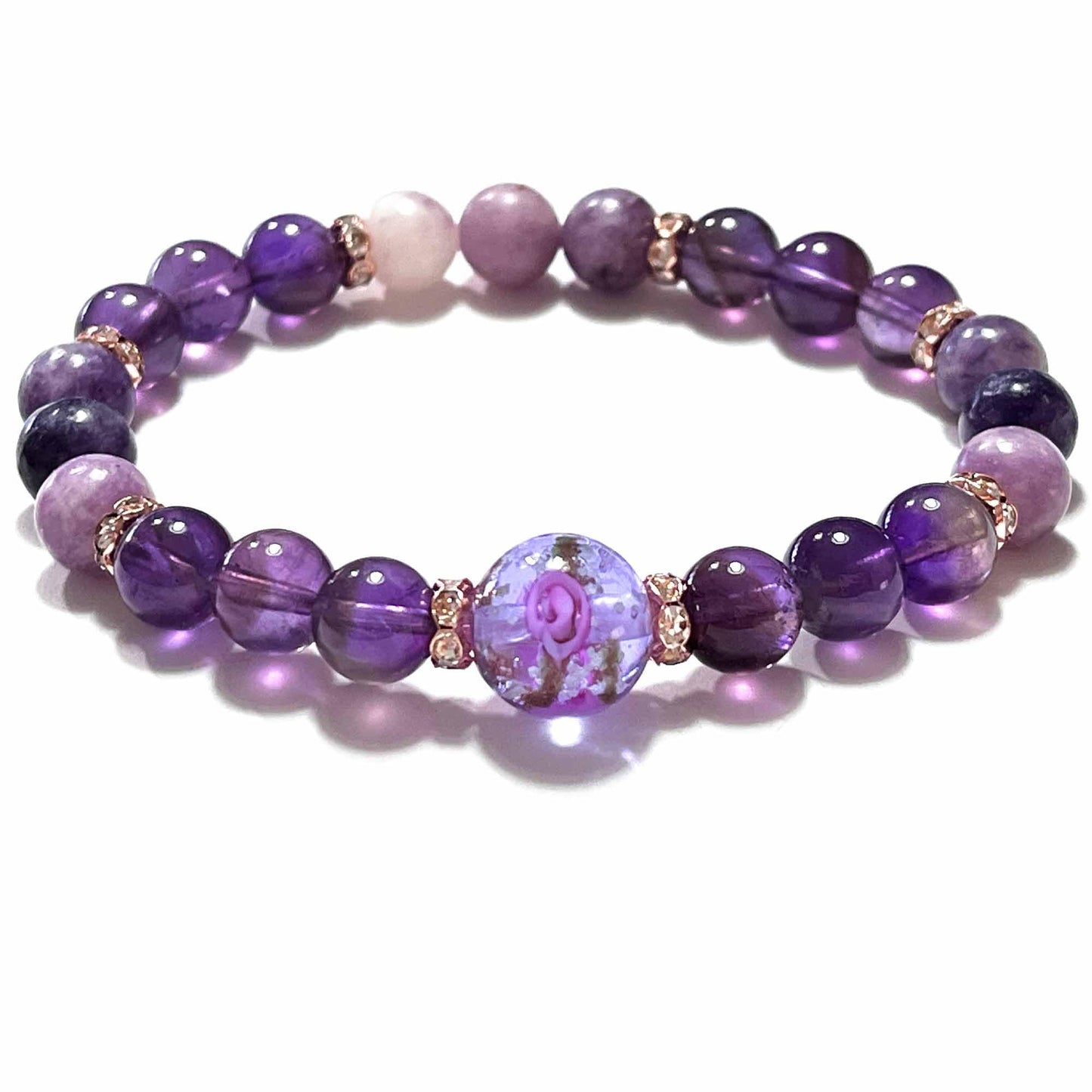 ARTSY Crafts Glow in The Dark Firefly Beads Bracelet, Handmade in USA, Luminous Murano Glass Beads Jewelry Mermaid Crystals Inspirational Gift (Amethyst - Stretch)