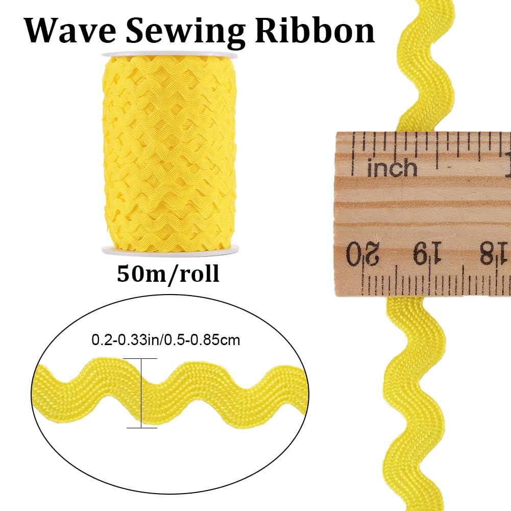 GORGECRAFT 54.6Yds/50m Rick Rack Trim Ribbon Yellow Wave Bending Fringe Trim 0.2"/5mm Woven Braided Webbing Edge Lace Zig Zag Ribbon for Sewing Crafts Dress Embellishment Wedding Party Gift Wrapping