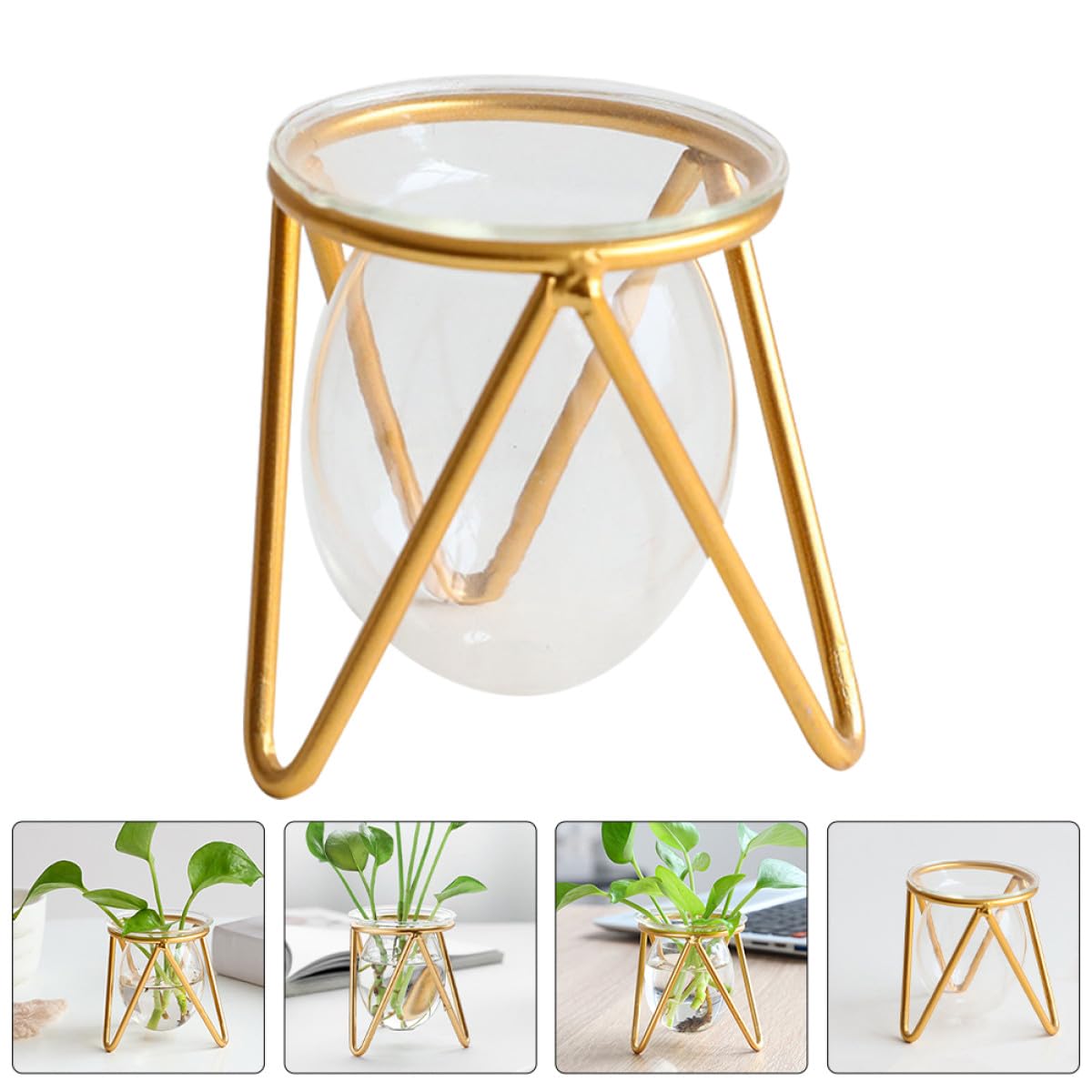 SEWACC Glass Vase with Metal Stand for Hydroponic Plants, Small Gold Bulb Planter Terrarium, Propagation Vase Holder for Home Desk Décor and Green Plant Display