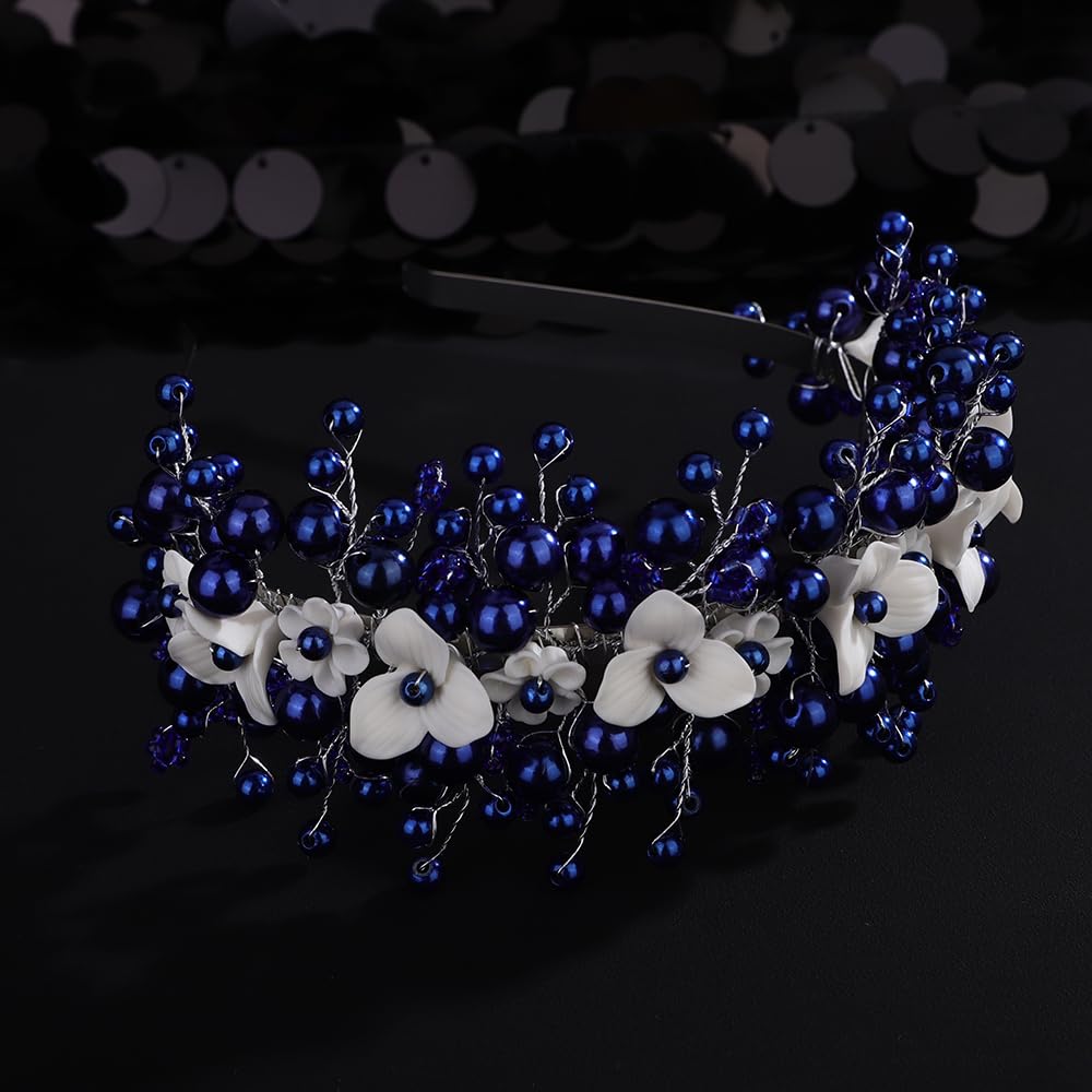 Lenjicons Elegant Faux Pearls Flower Headband White Flower Beads Wedding Headband Handmade Bridal Hair Crown Wedding Bridal Headpiece for Brides Bridesmaid (blue)