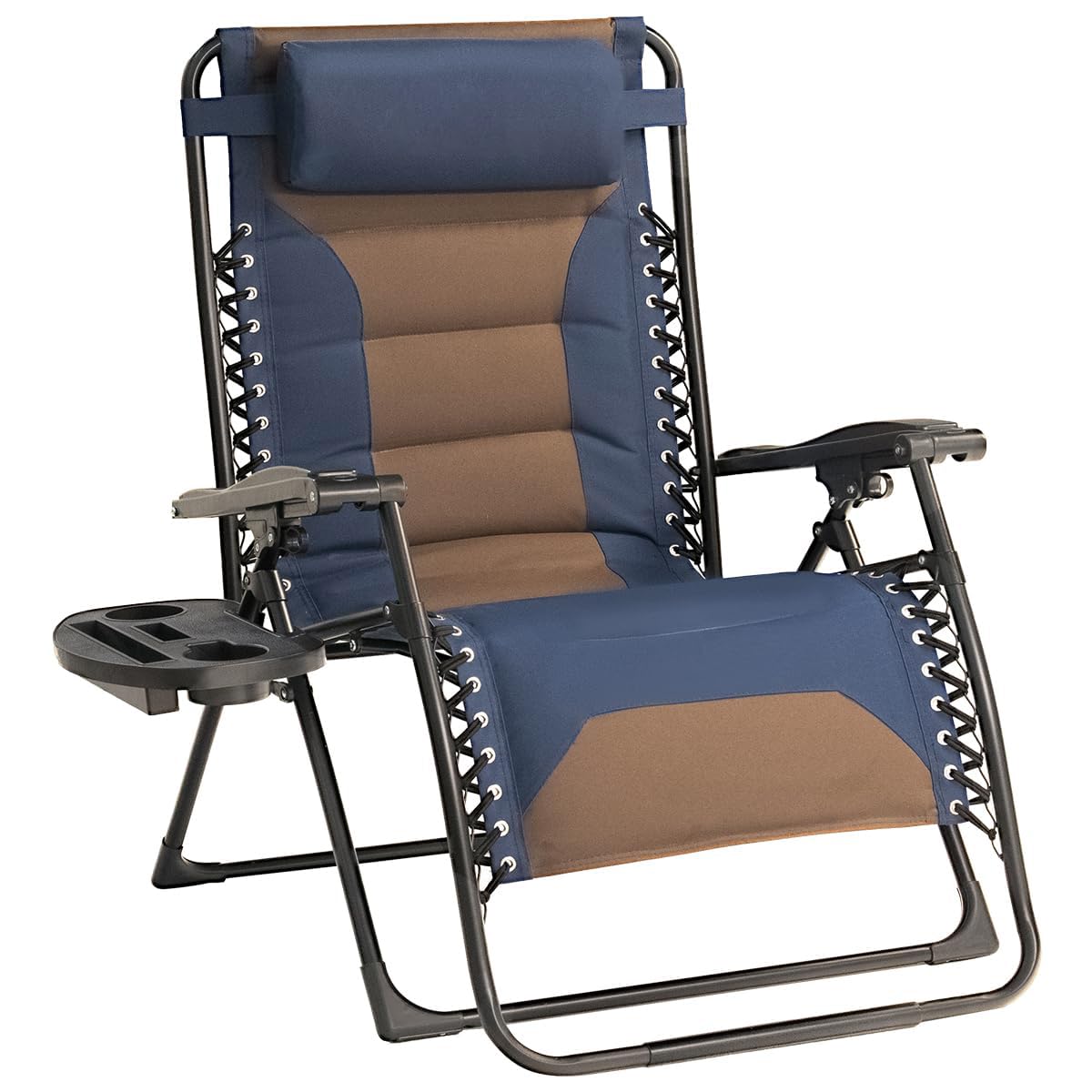 Foristrail Zero Gravity Chair Oversized Padded Recliner with Adjustable Headrest & Cup Holder - 600D Oxford Folding Lounge Chair for Outdoor Camping, Patio, Poolside (Brown & Blue)