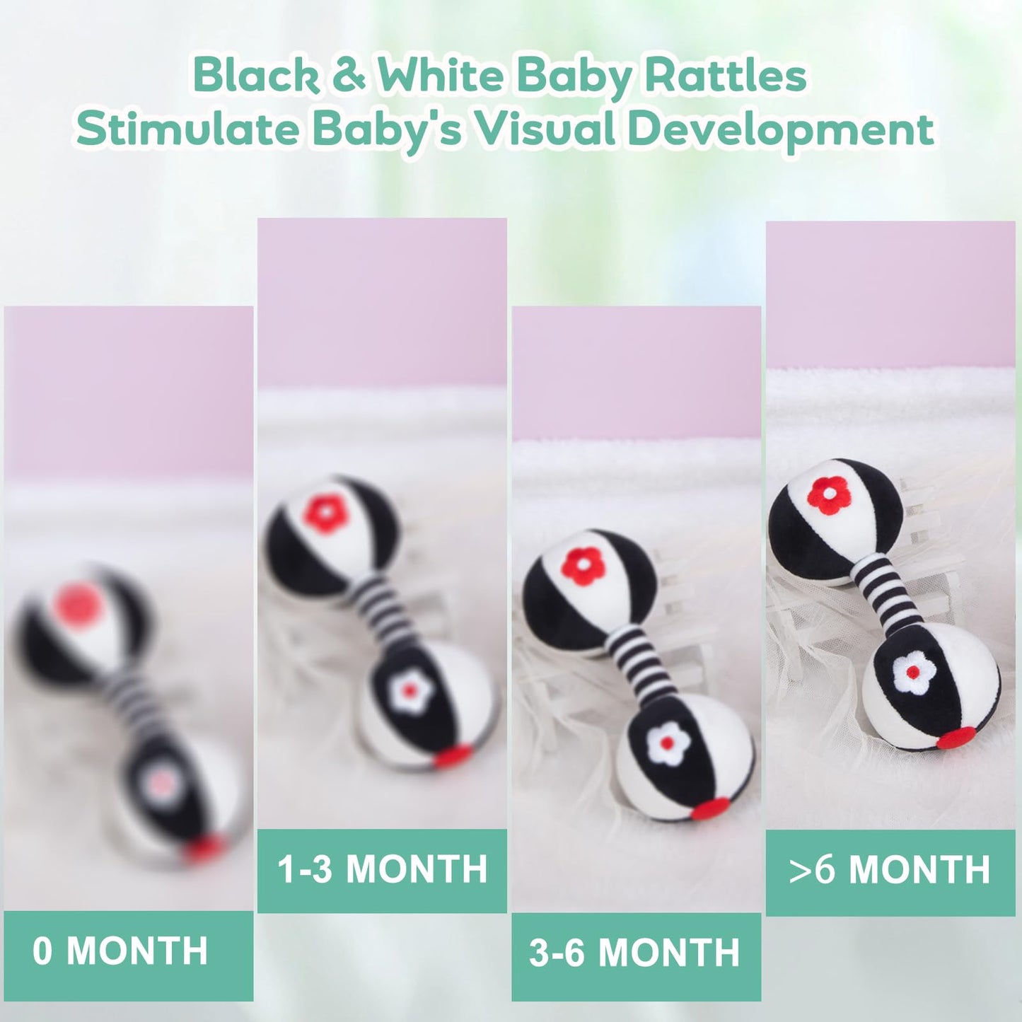 JINBOBUBU Soft Baby Rattles 0-6 Months - 2 Pack Infant Developmental Toys with Black & White Contrast | Sensory Newborn Toys for Girls & Boys | Set (BPA Free)
