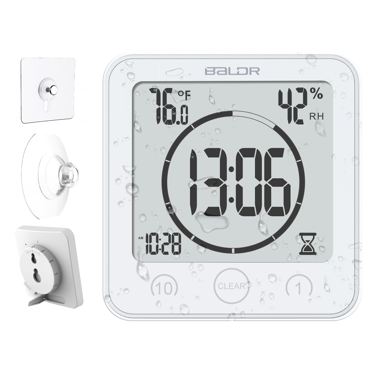 Baldr Shower Clock Waterproof Bathroom Clock with Timer/Temperature/Humidity, Digital Timers for Kids and Adults, Bath Kitchen Study, White