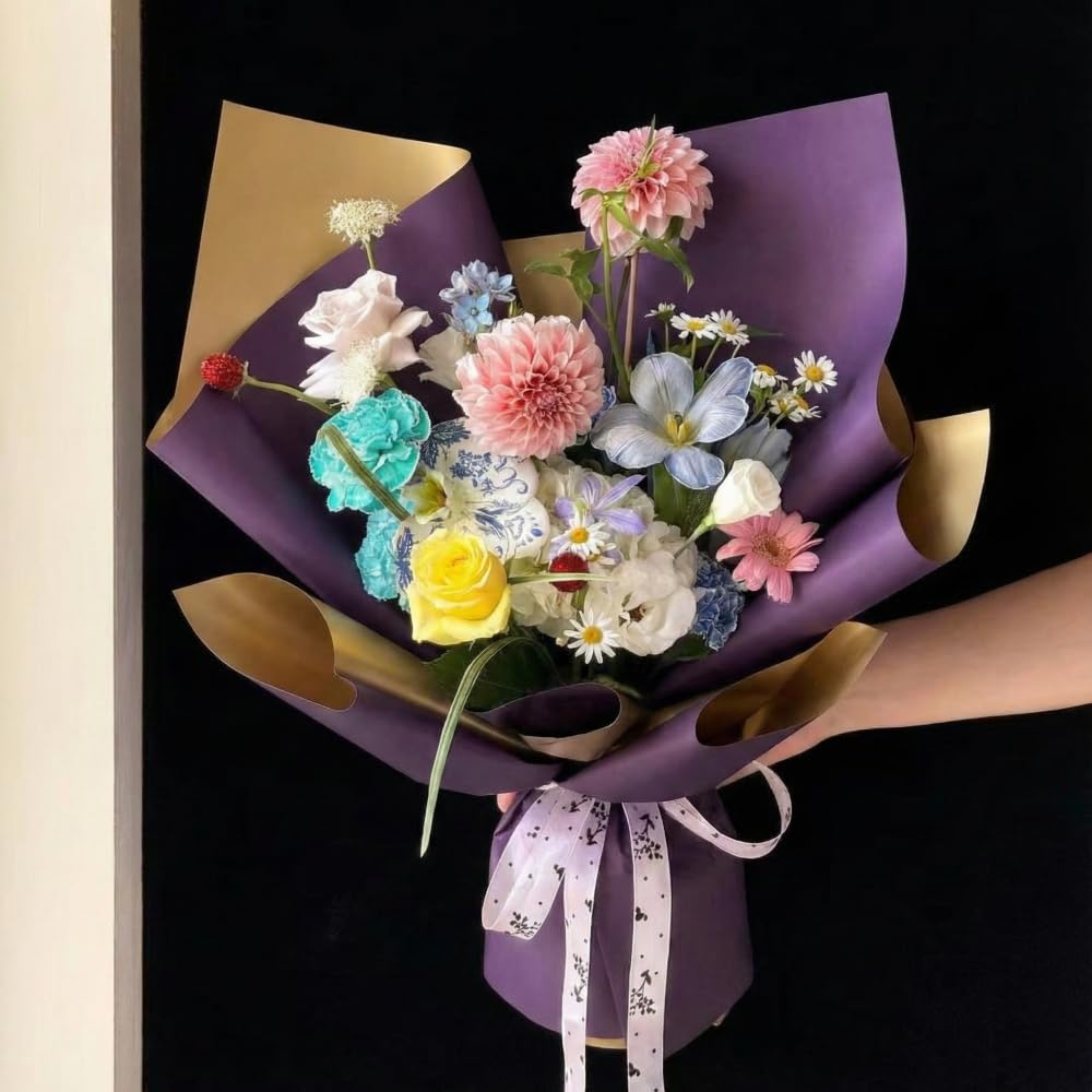 BBJ WRAPS Korean Flower Wrapping Paper, Golden Double-Sided Floral Paper for Bouquets, Waterproof Bouquet Wrapping Paper for Florist Supplies, 23.6 x 23.6 Inch - 20 Sheets