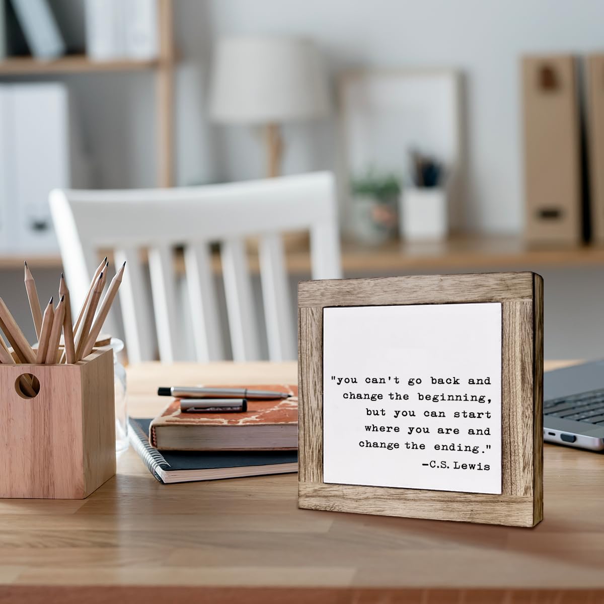 Inspirational Quotes Office Decor Sign, Farmhouse Wood Sign, You Can Start Where You are and Change the Ending, Positive Desk Top Decor for Home Office Living Room 5.9X5.9 Inches