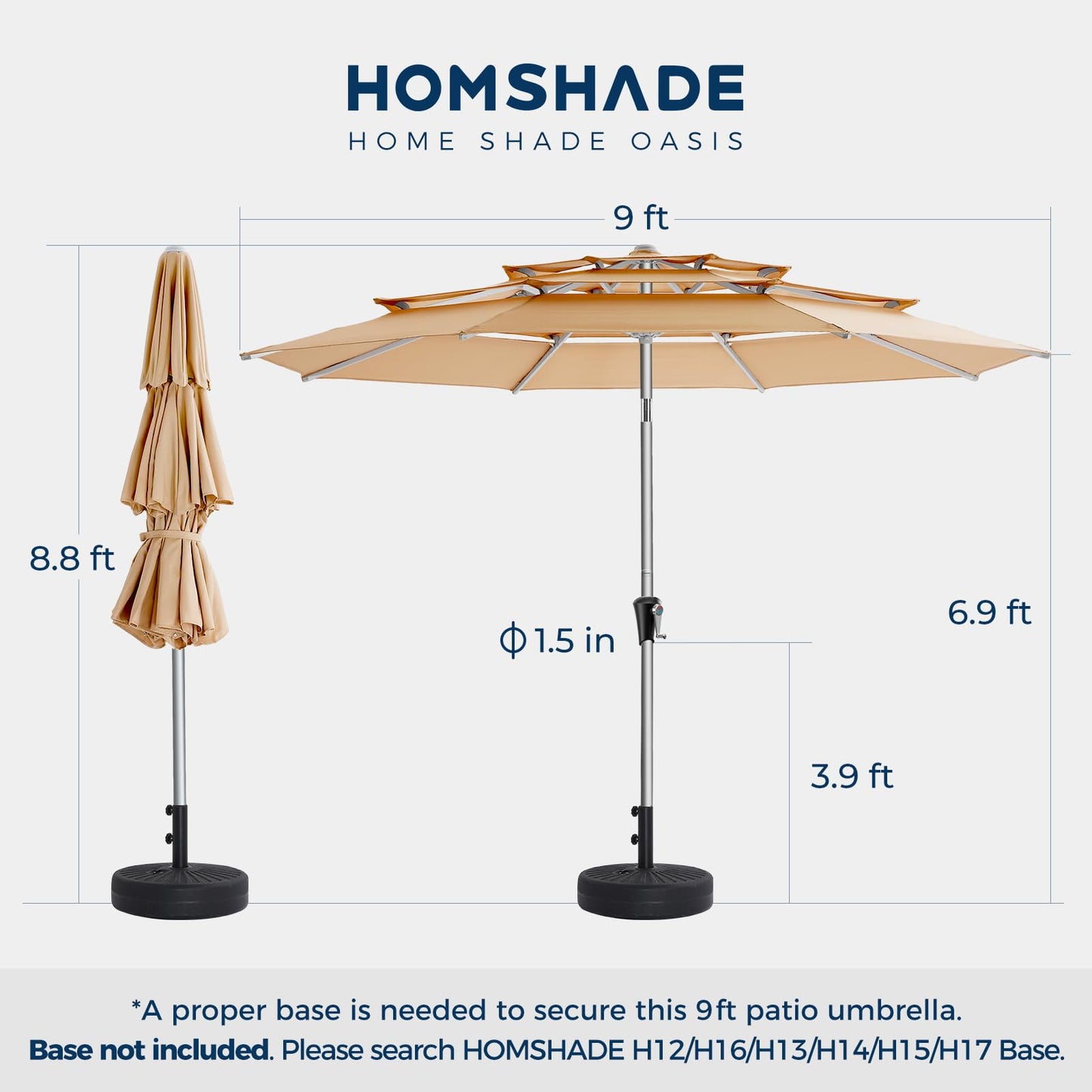 HOMSHADE 9ft Aluminum Patio Umbrella - 3 Tiers Vented Outdoor Commercial Market Table Umbrella, Heavy Duty Wind Proof Deck Pool Umbrellas UPF50+ UV Protection 5-Year Fade Resistant (Beige)