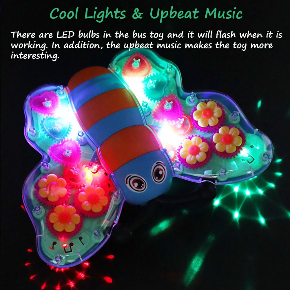 Miracland Transparent Gear Butterfly Toy, Light-up Bump & Go Car Toy Toddler Musical Toy 3D Gears Butterfly Crawling Toy for Kids with Lights and Music
