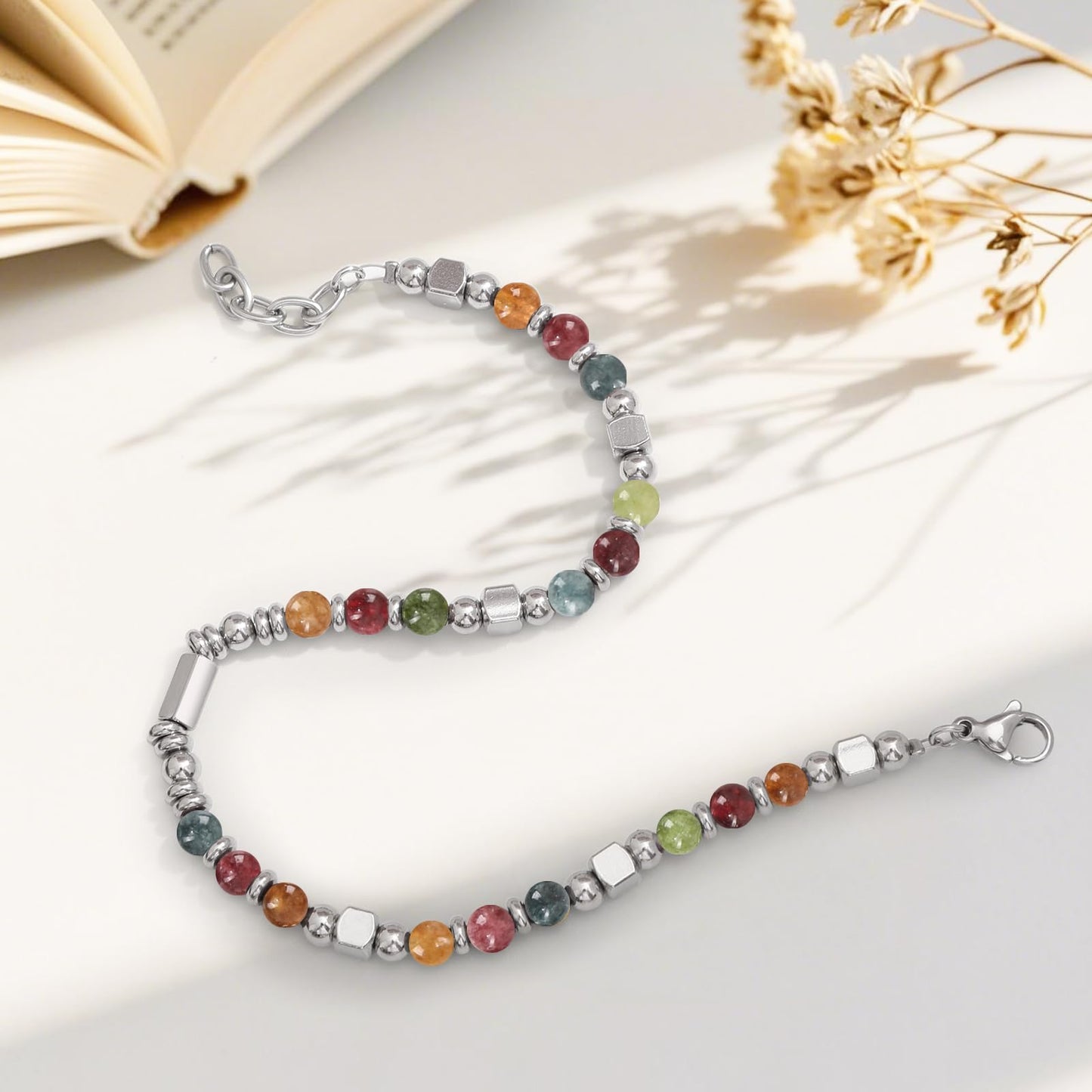 Stainless Steel Stone Adjustable Boho Stackable Womens Beaded Bracelets for Women Trendy Jewelry Stack Cute Health Dainty Waterproof Woman Ladies Colorful Bangle Women's Silver Link Bracelets for Women Non Tarnish A Bohemian Charm Silver Bead Bracelet for