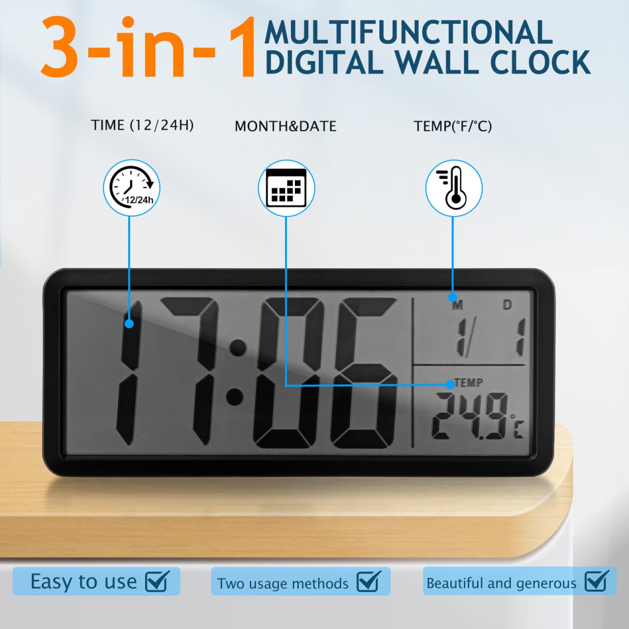Healifty Digital Wall Clock Battery Operated: LED Electronic Desk Clocks with Large Display Date Temperature, Modern Alarm Timer for Living Room Bedroom Decor