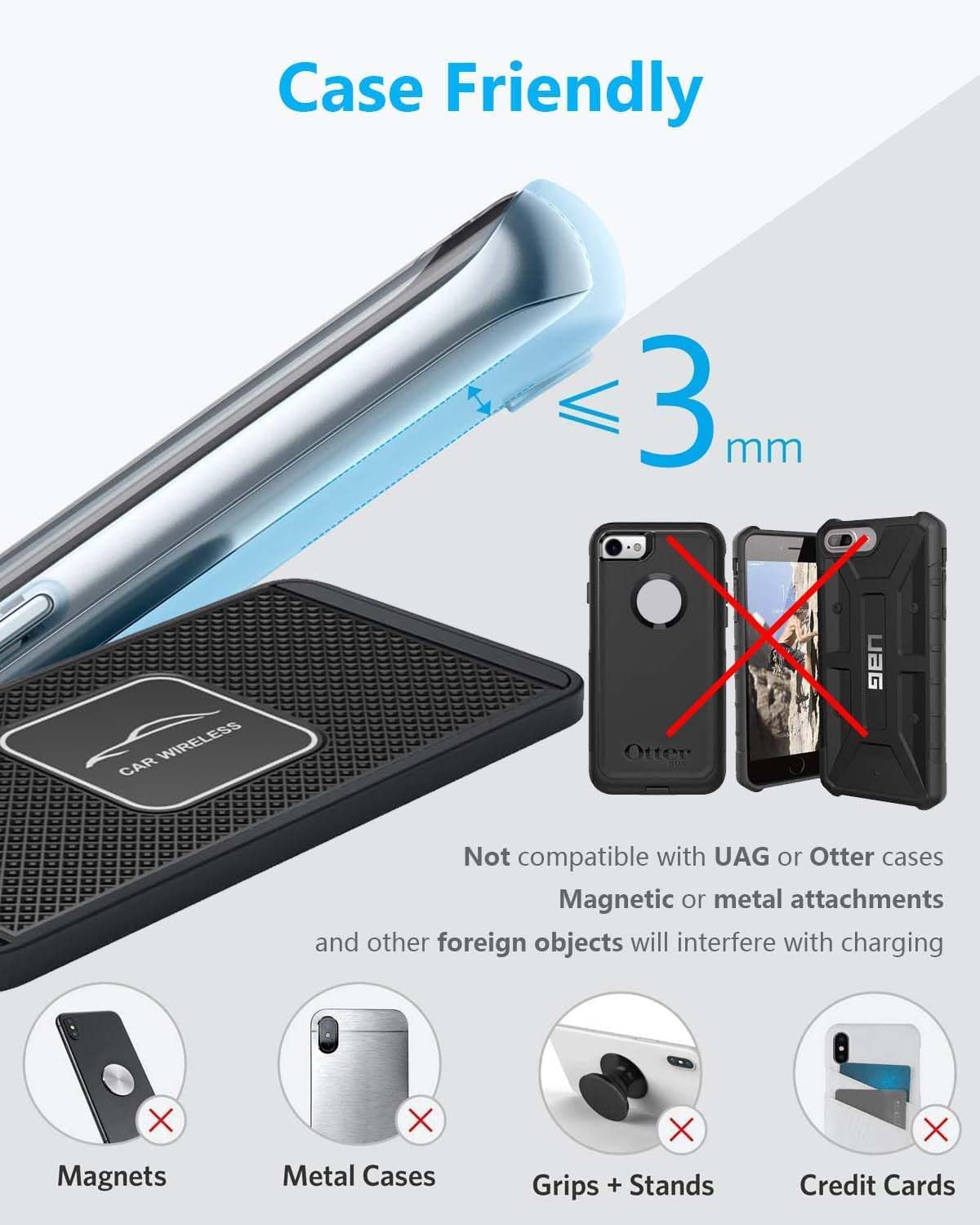Wireless Car Charger Qi Charging Pad Fast 15W 10W 7.5W Charge Adapter for iPhone 14 13 12 Mini 11 Pro Max 8 Plus X XR Xs Airpods Samsung Galaxy Buds S21 S22 S23 S24 Android Phones (39' Long Cable)