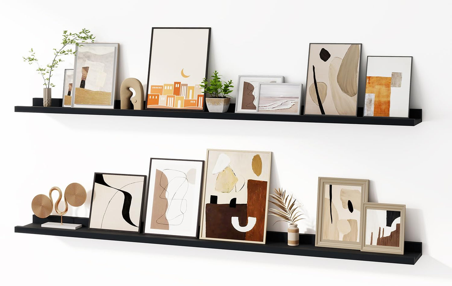Floating Picture Ledge Shelves for Wall Set of 2, 55 Inches Picture Shelf with Ledge, Nursery Book Shelf for Toys Storage Kids Bookshelf Wall Mounted Living Room Bedroom Decor Frames, Black