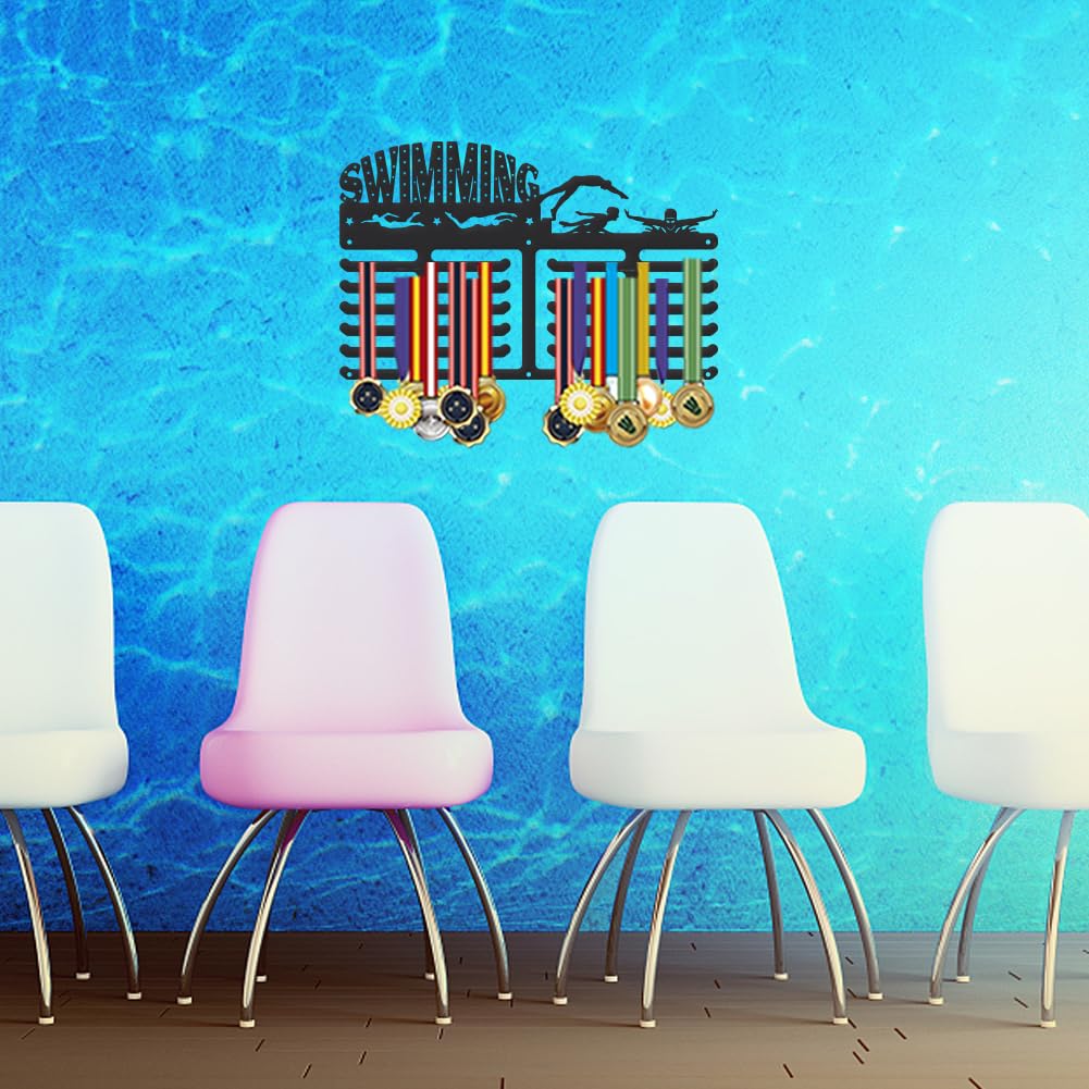 SUPERDANT Swimming Medal Hanger Swim Stars Medals Holder Personalised Award Black Metal Rack Wall Mount Sports Hanging 4 Rows 22 Hangers Non-Slip Hooks Gifts for Man Woman Athletes