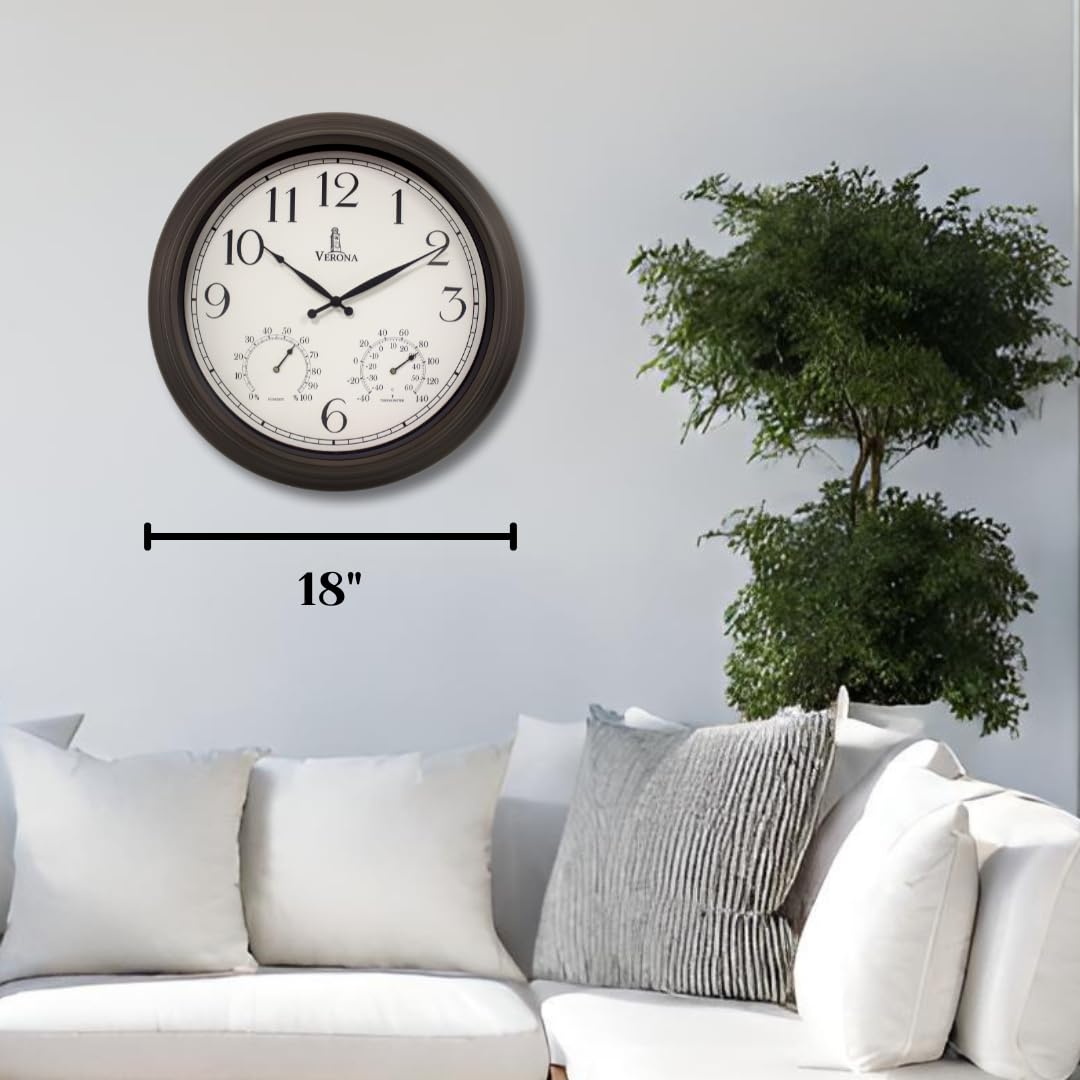 18 inch Outdoor Clocks for Patio Large Waterproof with Thermometer - Black Indoor Outdoor Clock with Temperature and Humidity for Wall - Weatherproof, Accurate & Easy to Read for Pool, Patio & Garden