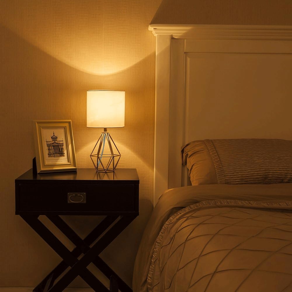 COTULIN Gold Modern Hollow Out Base Bedroom Small Table Lamp,Bedside Nightstand Lamp with Geometric Metal Base White Fabric Shade,Cute Desk Lamp for Kids Living Room