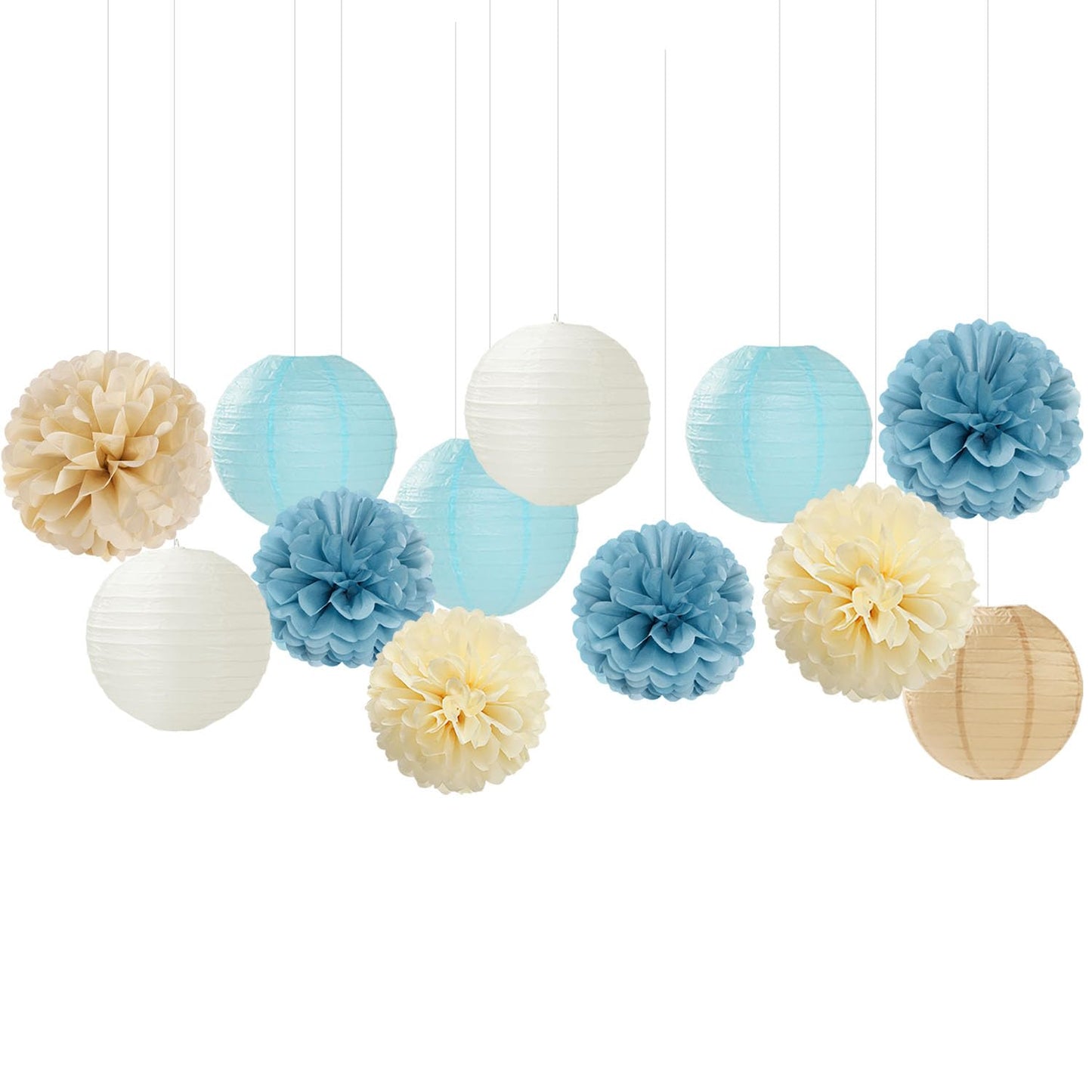 Dusty-Blue Champagne Party-Decorations Paper-Flowers Lanterns - 15pc Boho Beige Gold Tissue Pom Poms Streamers,Birthday Bachelorette Bridal Baby Shower Engagement Wedding Graduations Decor Panduola