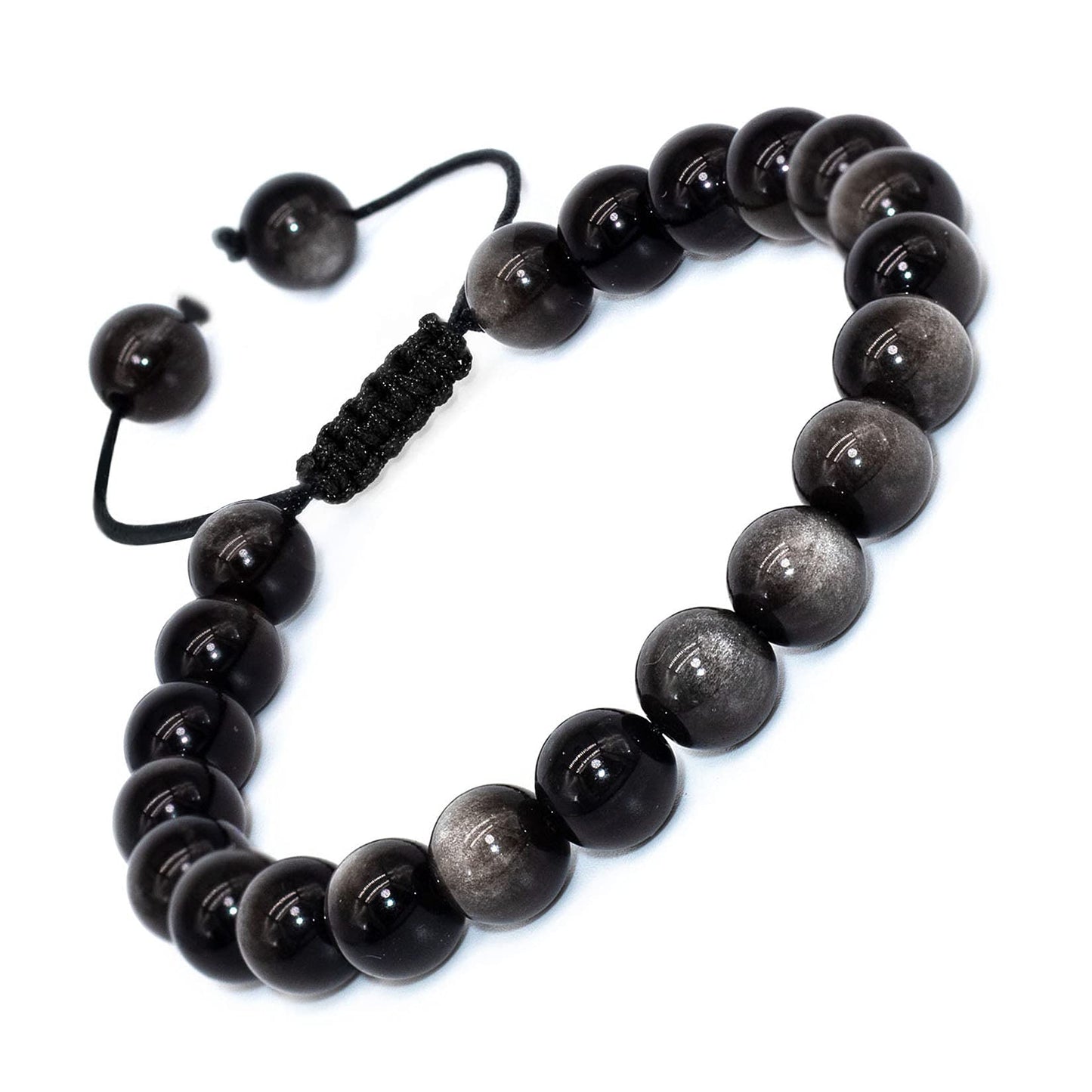 DAZCOLO Handmade Gem Bracelet Adjustable Macrame Gemstone 8mm Round Beads Crystals Quartz Unisex (Silvery Obsidian)