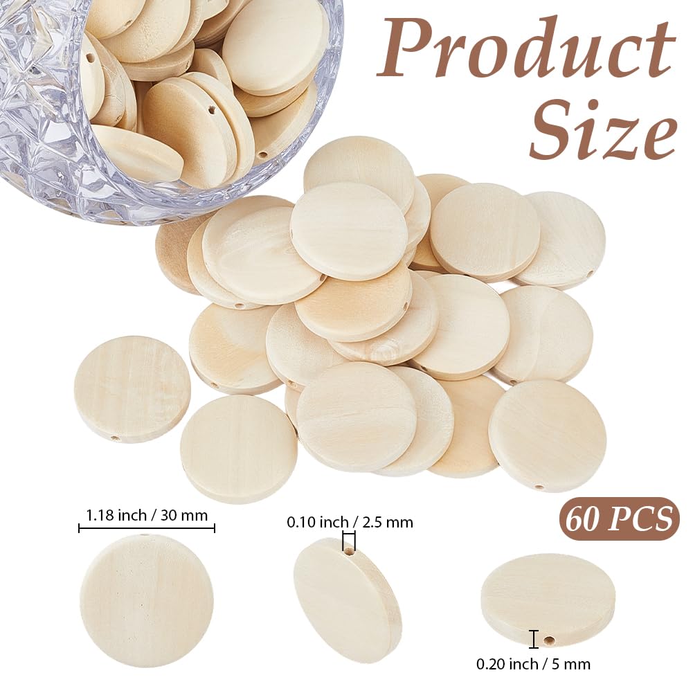 PONABEADIY 30MM 60PCS Unfinished Wooden Beads with Hole Natural Flat Wood Coin Flat Round Circle Macrame Slices Loose Spacer Bead Bulk for Jewelry Making Tassel Garland Home Decor DIY Crafts Supply
