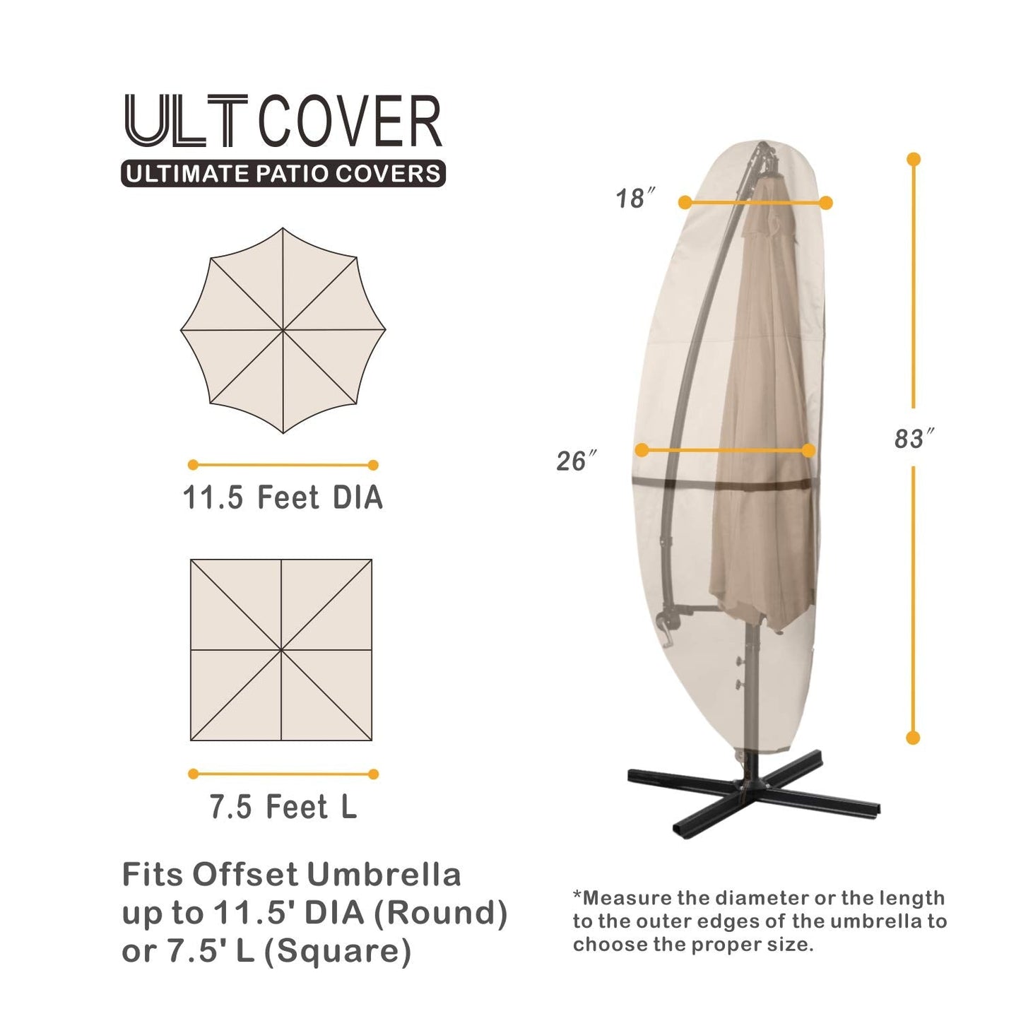 ULTCOVER Patio Parasol 600D Waterproof Outdoor Offset Banana Style Umbrella Cover - Fits Cantilever Offset Umbrella 7.5-11.5 Feet