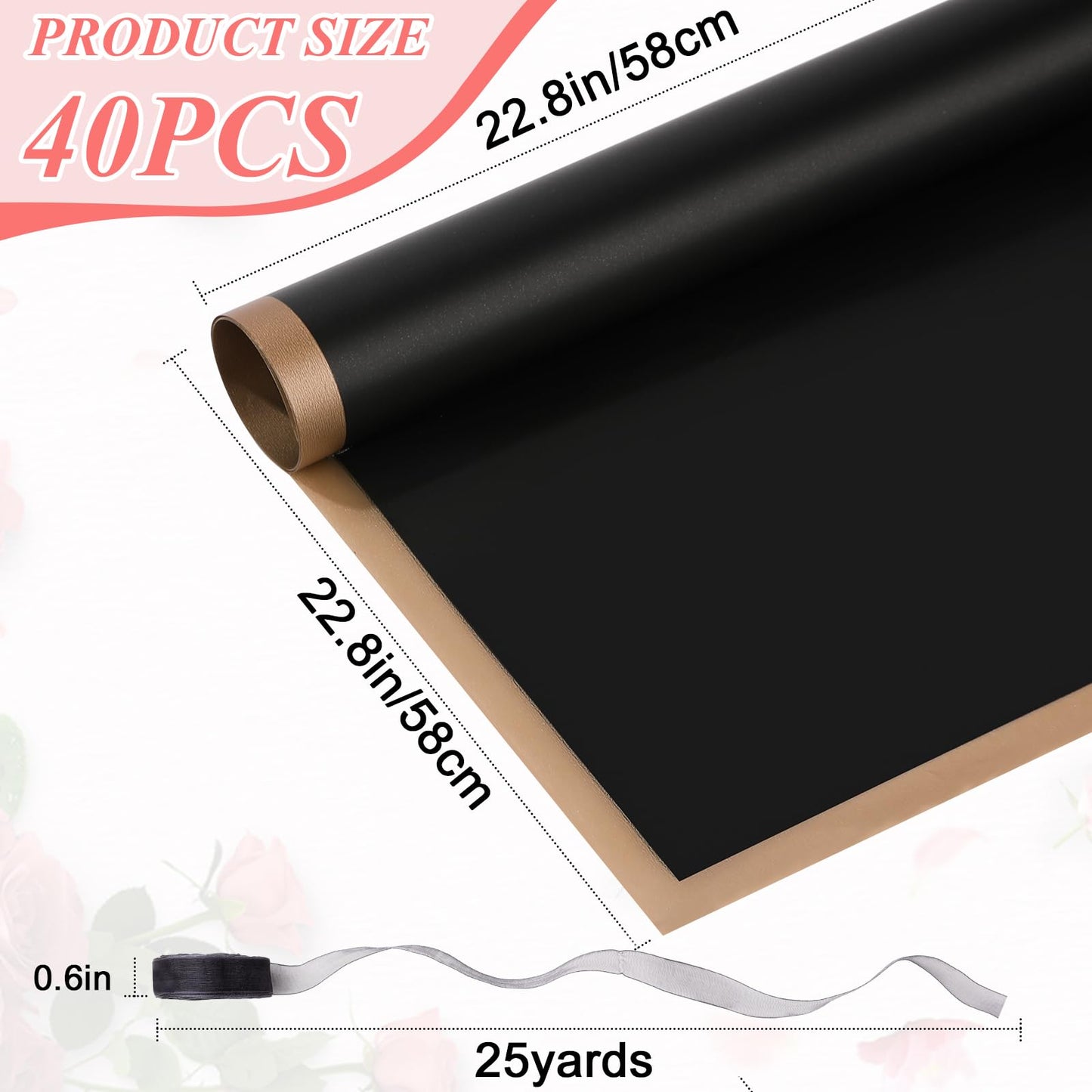 RowinsyDD 40 Sheets Black Flower Wrapping Paper, Waterproof Packaging Paper for Floral Bouquets, 22.8 x 22.8 inch Gift Packing Florist Supplies