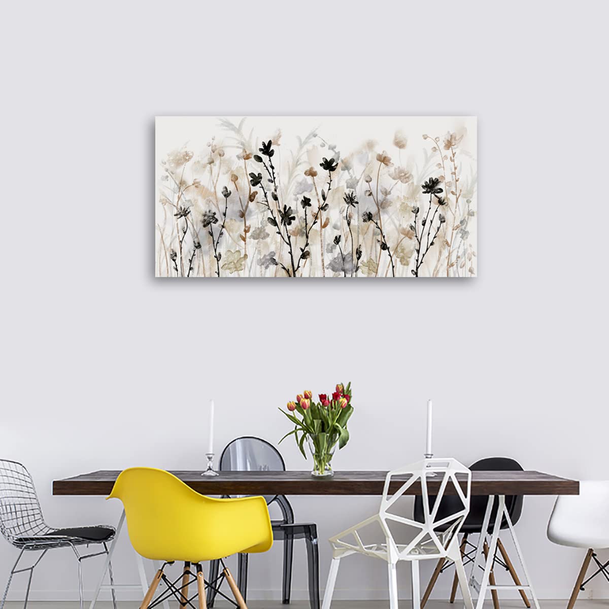 Framed Flower Canvas Wall Art Abstract Grey Cream Brown Wildflowers Canvas Pictures Landscape Artwork Canvas Prints for Home Living Room Bedroom Kitchen Office Wall Decor Ready to Hang 24"x 48"