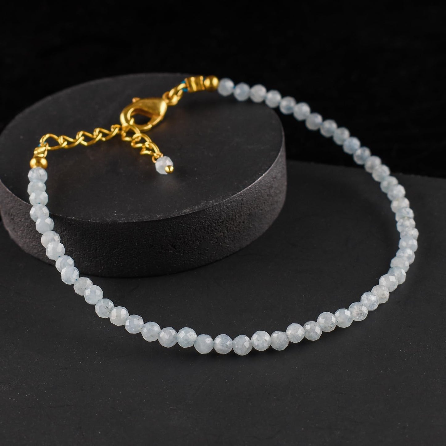 Natural Blue Aquamarine Gemstone Micro Beads Dainty Bracelet Jewelry for Women, March Birthstone, Chakra Energy Crystals, 14k Gold Plated Chain 8 inch Adjustable