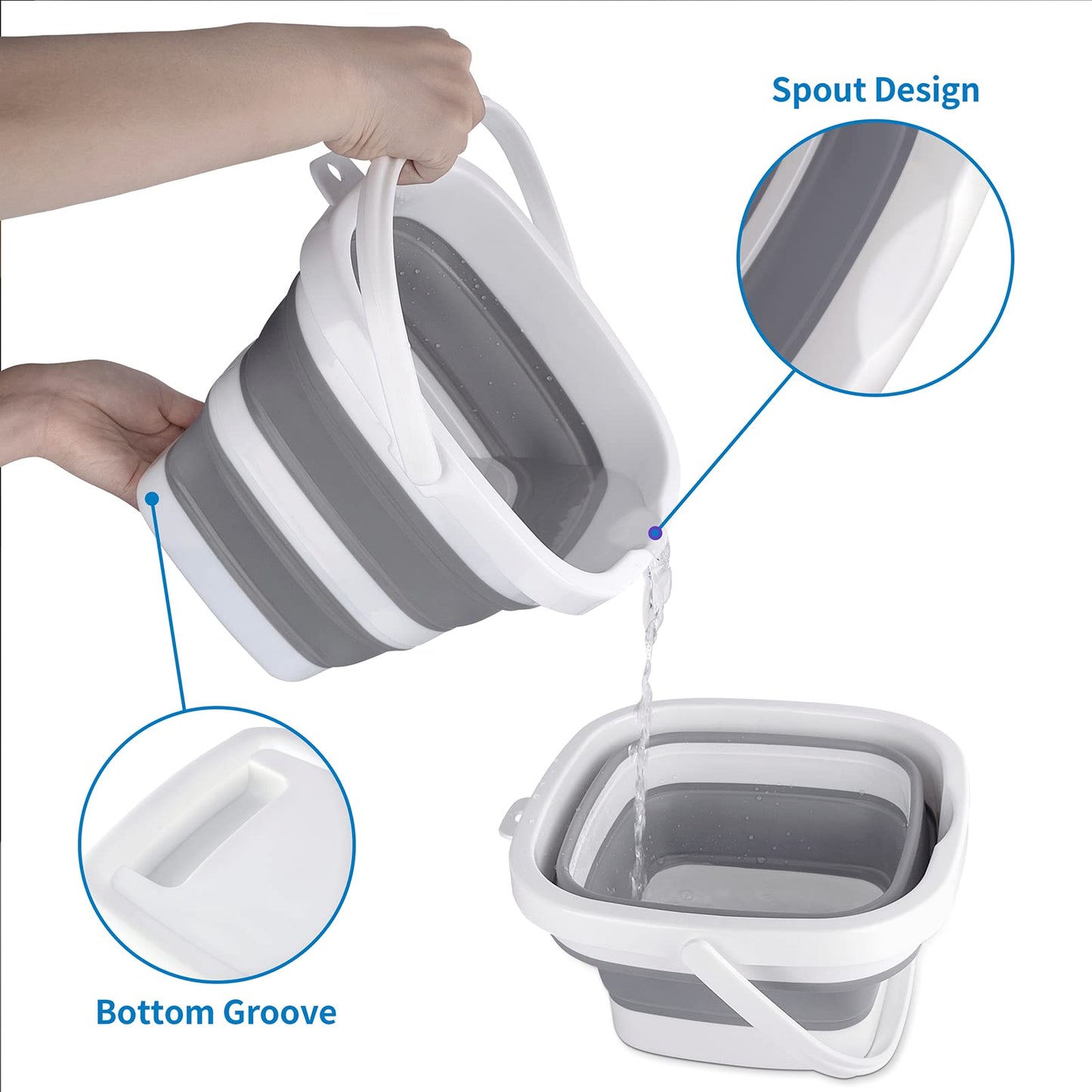 2 Pack Collapsible Buckets 5L 1.3Gallon Small Cleaning Bucket for Household Portable Plastic Bucket Outdoor Car Washing Tub Foldable Camping Beach Sand Water Pot Pail Space Saving Square Grey