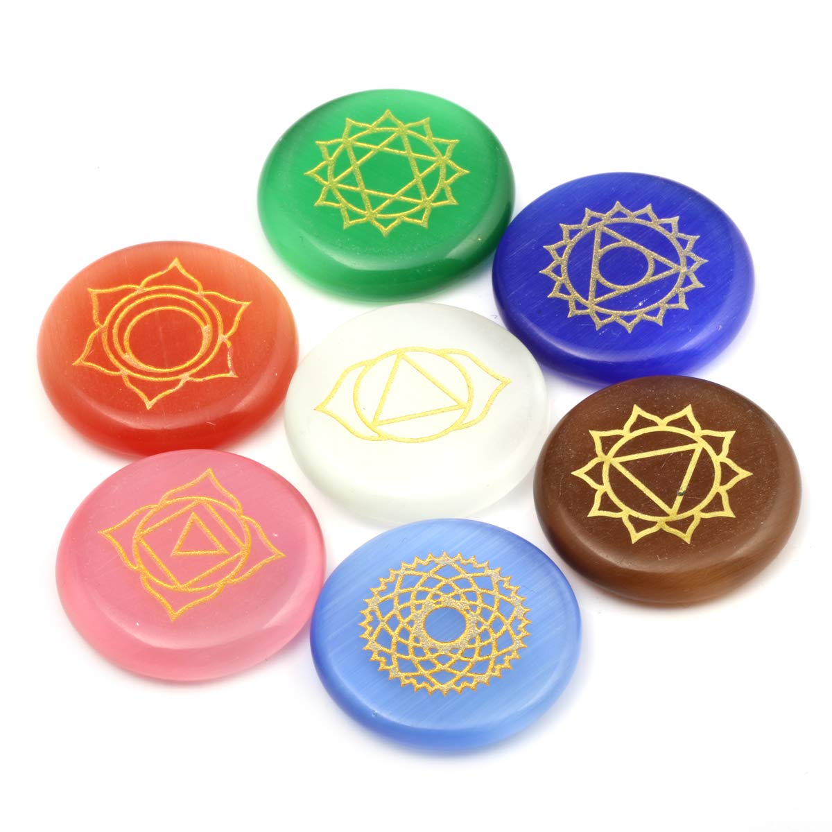 Zotoone 7 Chakra Healing Stone Set, Engraved Round Flat Pocket Stones Reiki Cat's Eye Stones Set of 7 Gift Christmas Birthday Gift
