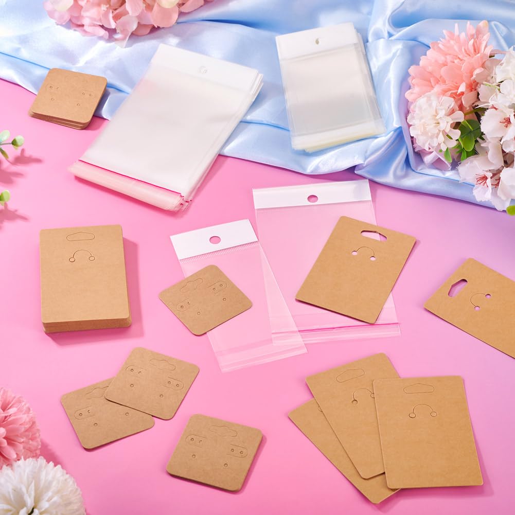 Handship 100Pcs Jewelry Display Cards with 100Pcs Clear Plastic Bags Square Paper Earring Necklace Card Holder Rectangle Keychain Display Cards for Selling Jewelry Packaging Supplies, BurlyWood