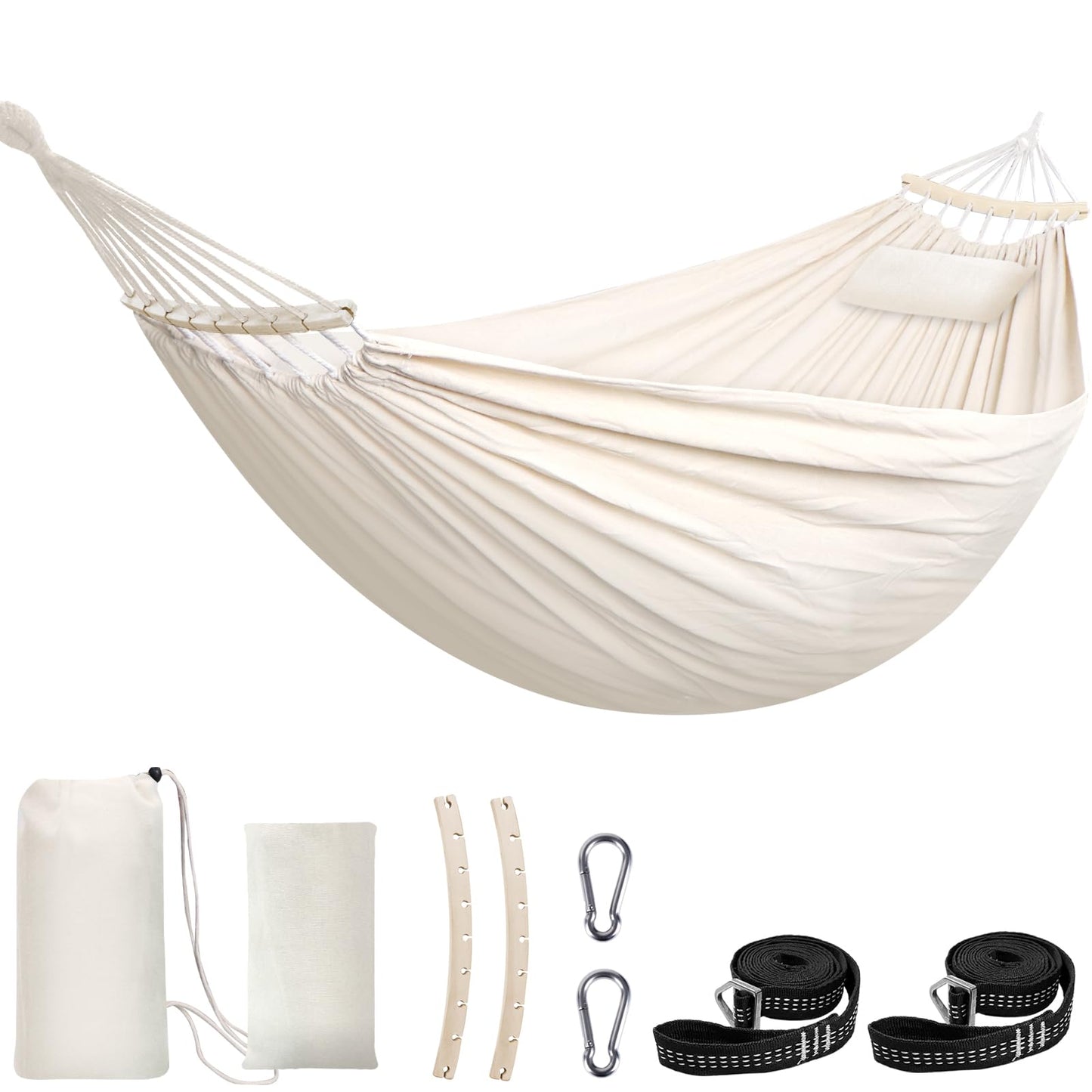 Chihee Cotton Hammock Holds Up to 660lbs Fabric Hammock 8.9x4.9ft Soft Portable Tree Hammocks Camping with Detachable Spreader Bar Pillow 2 Strong Webbings 2 Carabiners Indoor Outdoor Backyard Garden