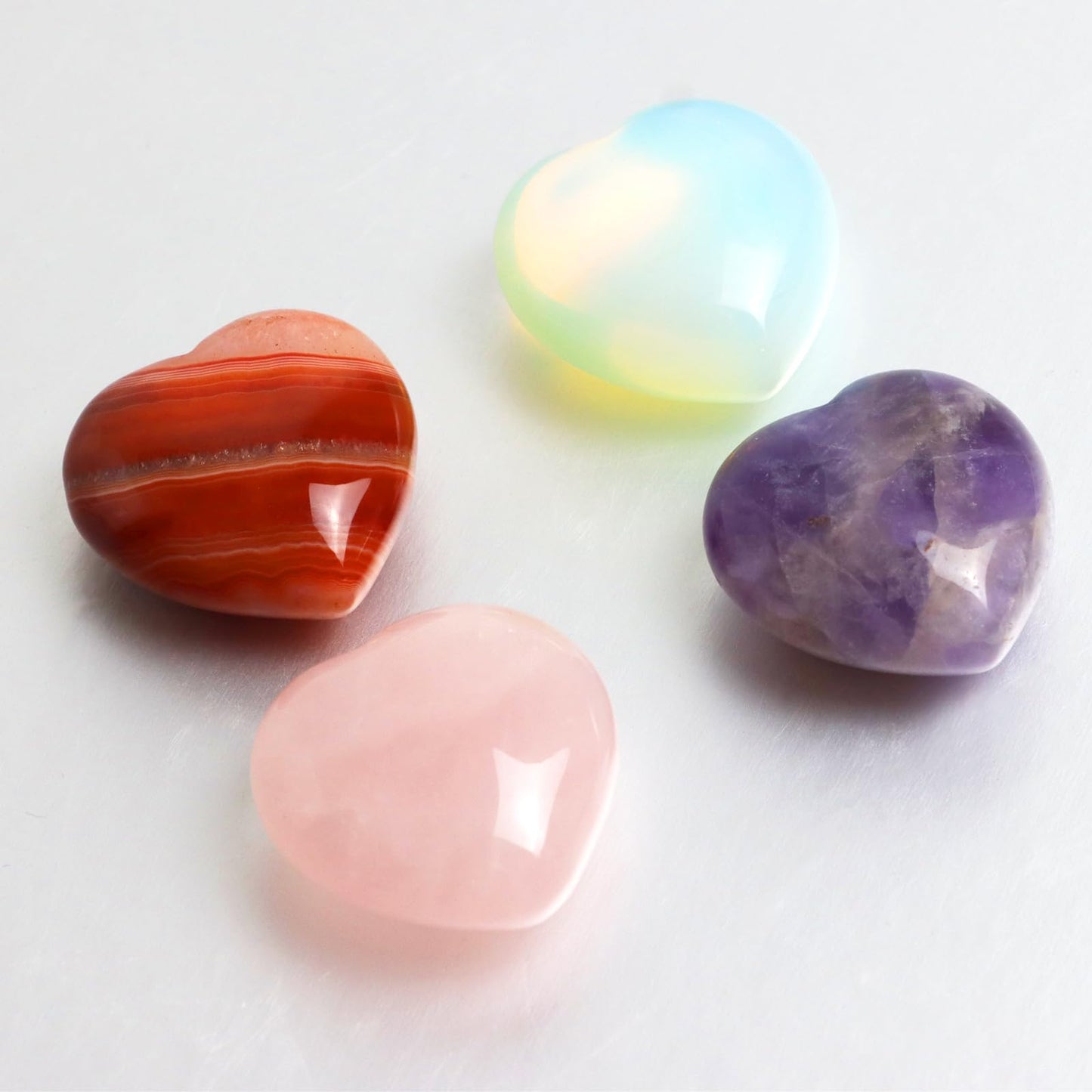 4Pcs Healing Crystals and Heart Stones, Amethyst Rose Quartz Opal Agate Crystal Set Bulk, Polished Love Worry Stones Palm Pocket Stone Reiki Meditation 1.2" Pink Heart Anxiety Relief Gifts for Women