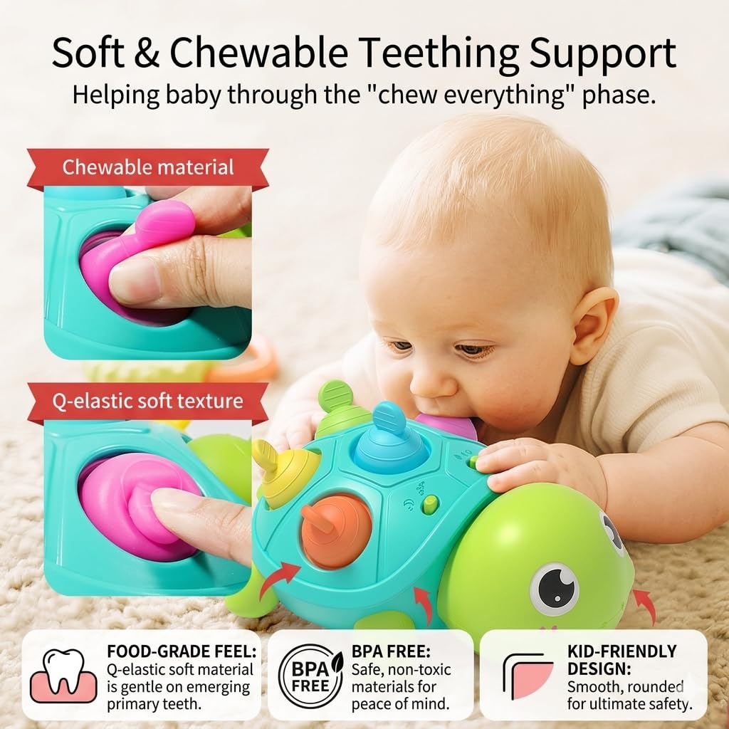 SOSUSHOE 3-in-1 Musical Crawling Turtle Baby Toy - Tummy Time Toy with Smart Obstacle Avoidance, Push-and-Pop Sensory Shell & Sleep Soothing, Baby Infant Toys for 0-12 Months