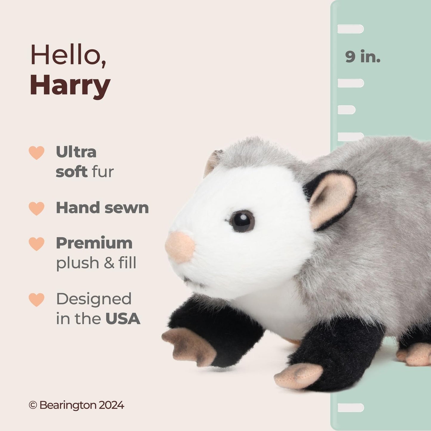 Bearington Harry Possum Plush Toy - 9" Realistic Opossum Stuffed Animal with Soft Fur and Lifelike Details - Adorable and Cuddly Opossum Plushies Gift for Kids, Toddlers, and Animal Lovers