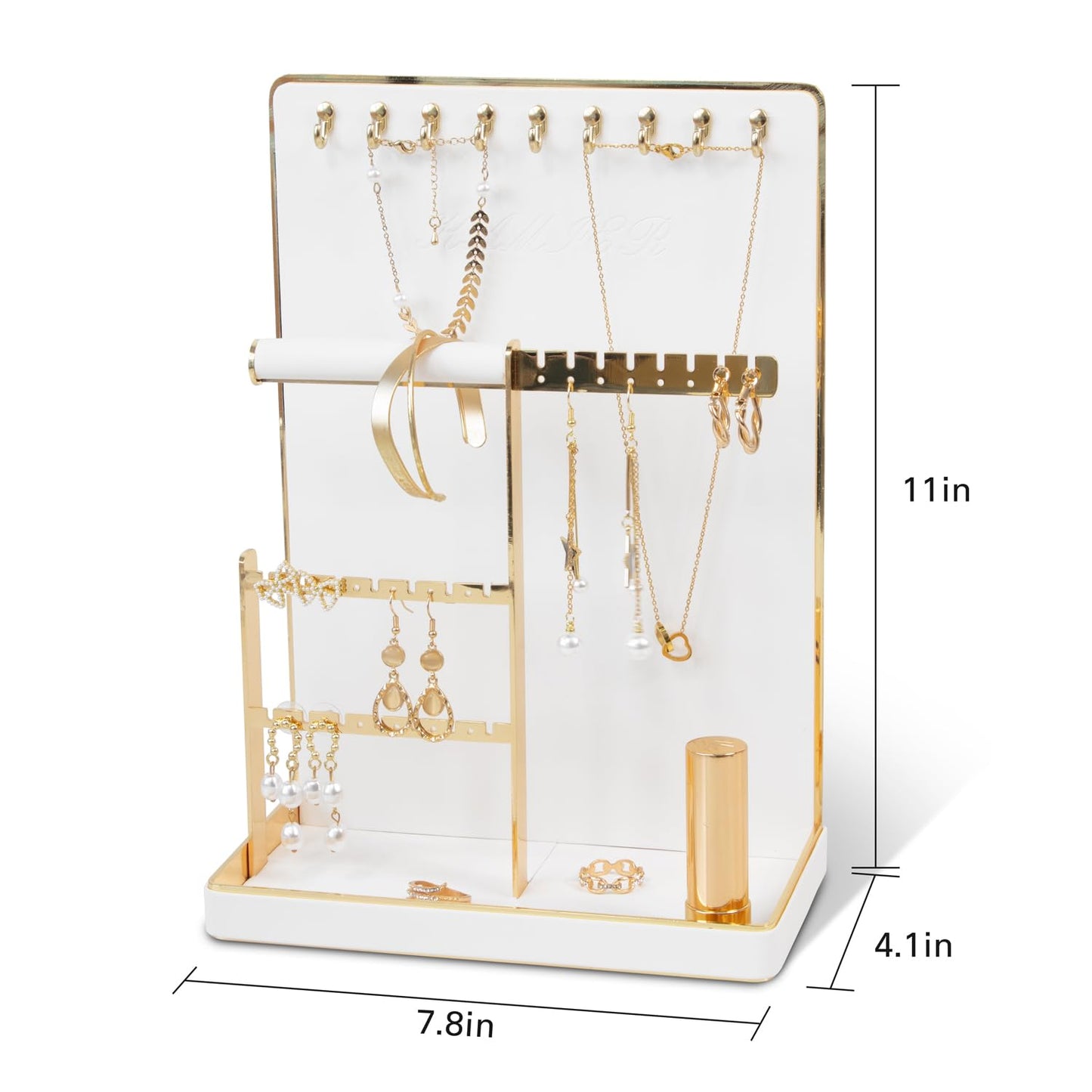 KAMIER Jewelry Organizer Stand Holder - 4 Tier Cute Necklace Holder Stand Rack with 10 Hooks - Aesthetic Jewelry Storage Rack Tree for Teen Girl Room Decor -White