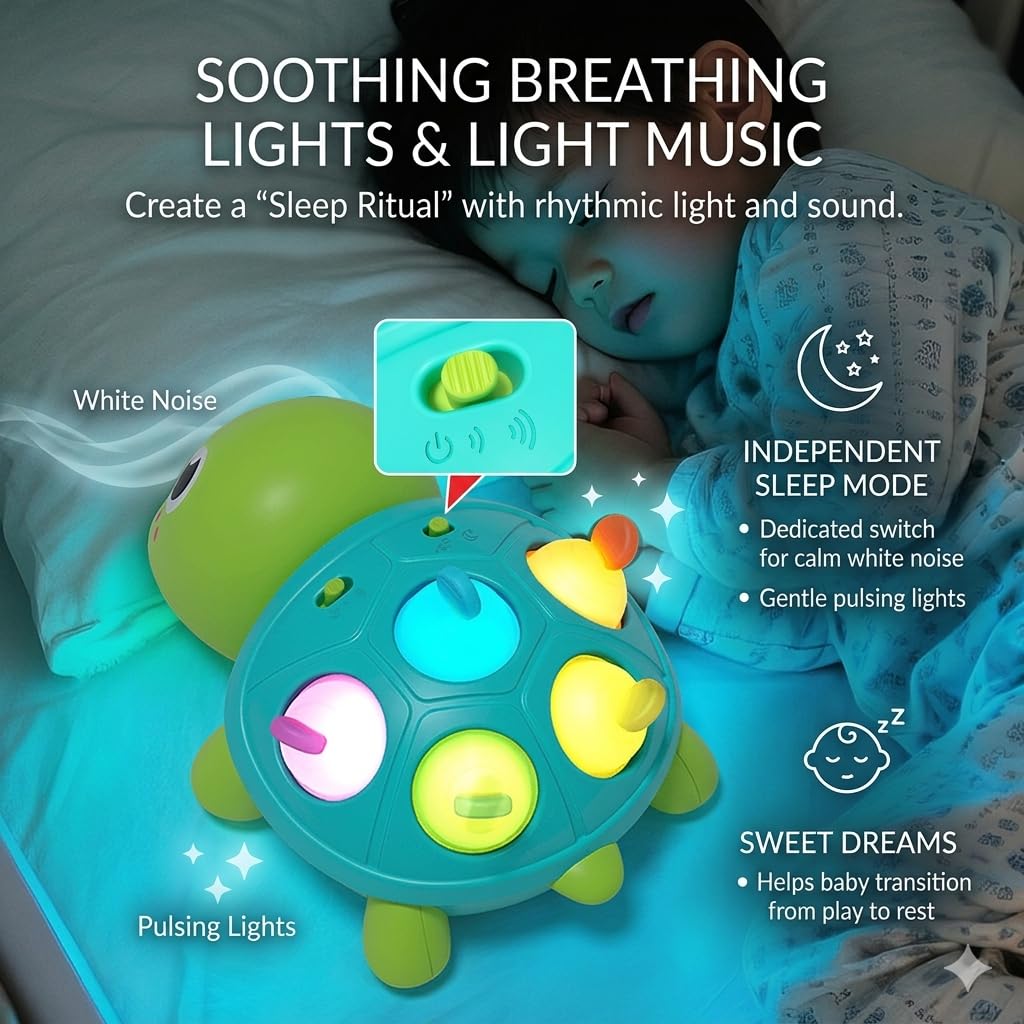 SOSUSHOE 3-in-1 Musical Crawling Turtle Baby Toy - Tummy Time Toy with Smart Obstacle Avoidance, Push-and-Pop Sensory Shell & Sleep Soothing, Baby Infant Toys for 0-12 Months
