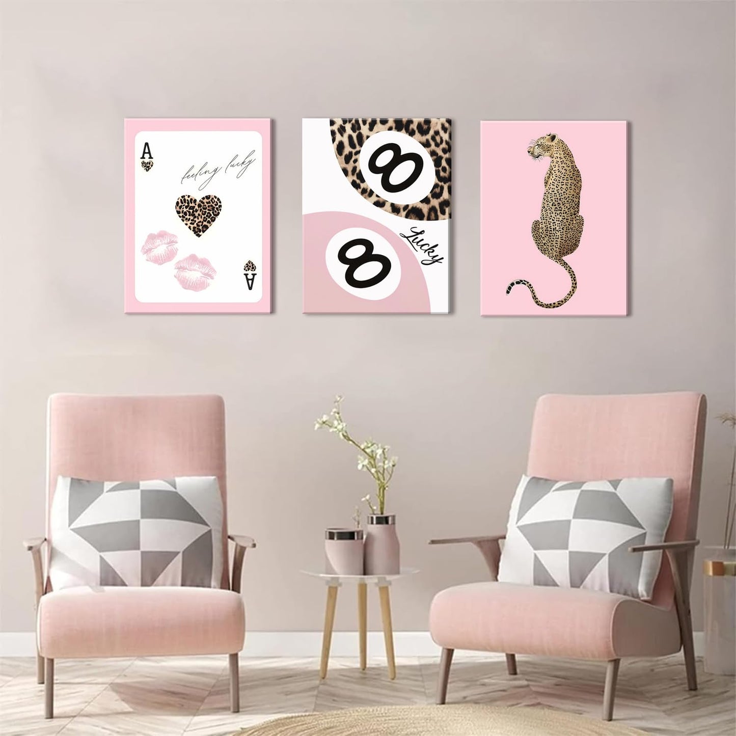 Trendy Leopard Canvas Wall Art Set of 3 - Pink Cheetah Prints Wall Decor Pictures, Funky Lucky You 8 Ball Poster Preppy Aesthetic Paintings, for Girls Bedroom Dorm Apartment 12x16 inch Framed