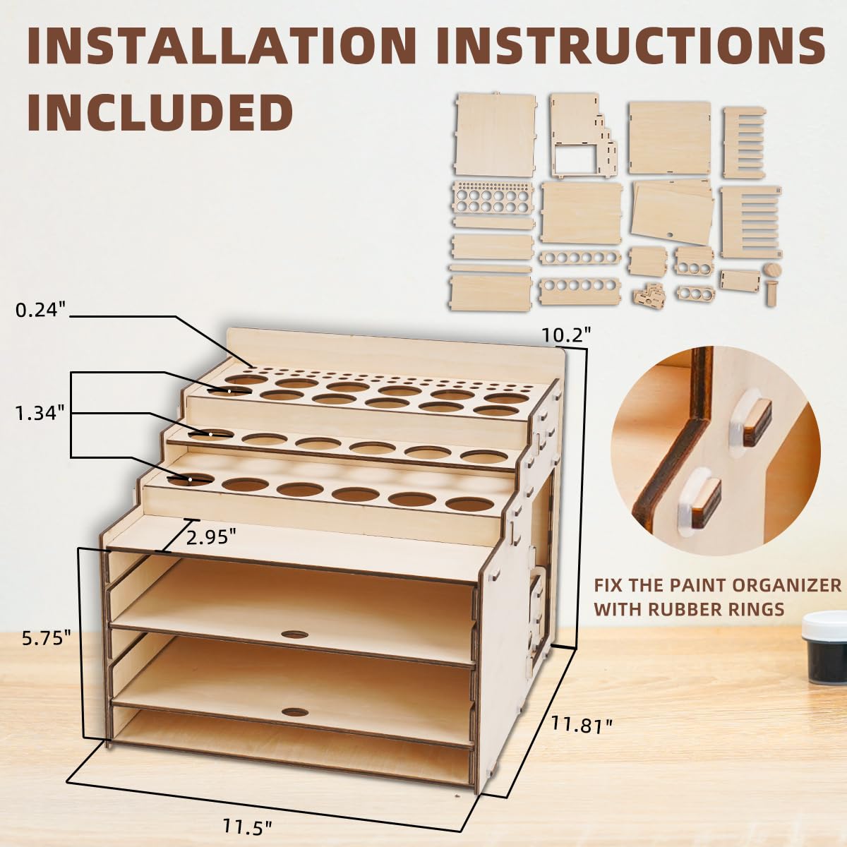 T TOGUSH Model Paint Holder with Adjustable Storage, Wooden Miniature Model Paints Organizer for 36 Paint Holes and 36 Holes of Painting Brushes wtih Model Pieces Shelf