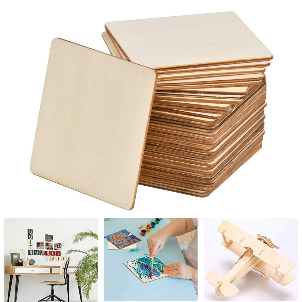 WLIANG 50 Pcs Unfinished Wood Pieces, Natural Blank 4 X 4 Inch Wood Squares, Wooden Square Cutouts Tiles for DIY Crafts Painting, Coasters Engraving, Home Decorations