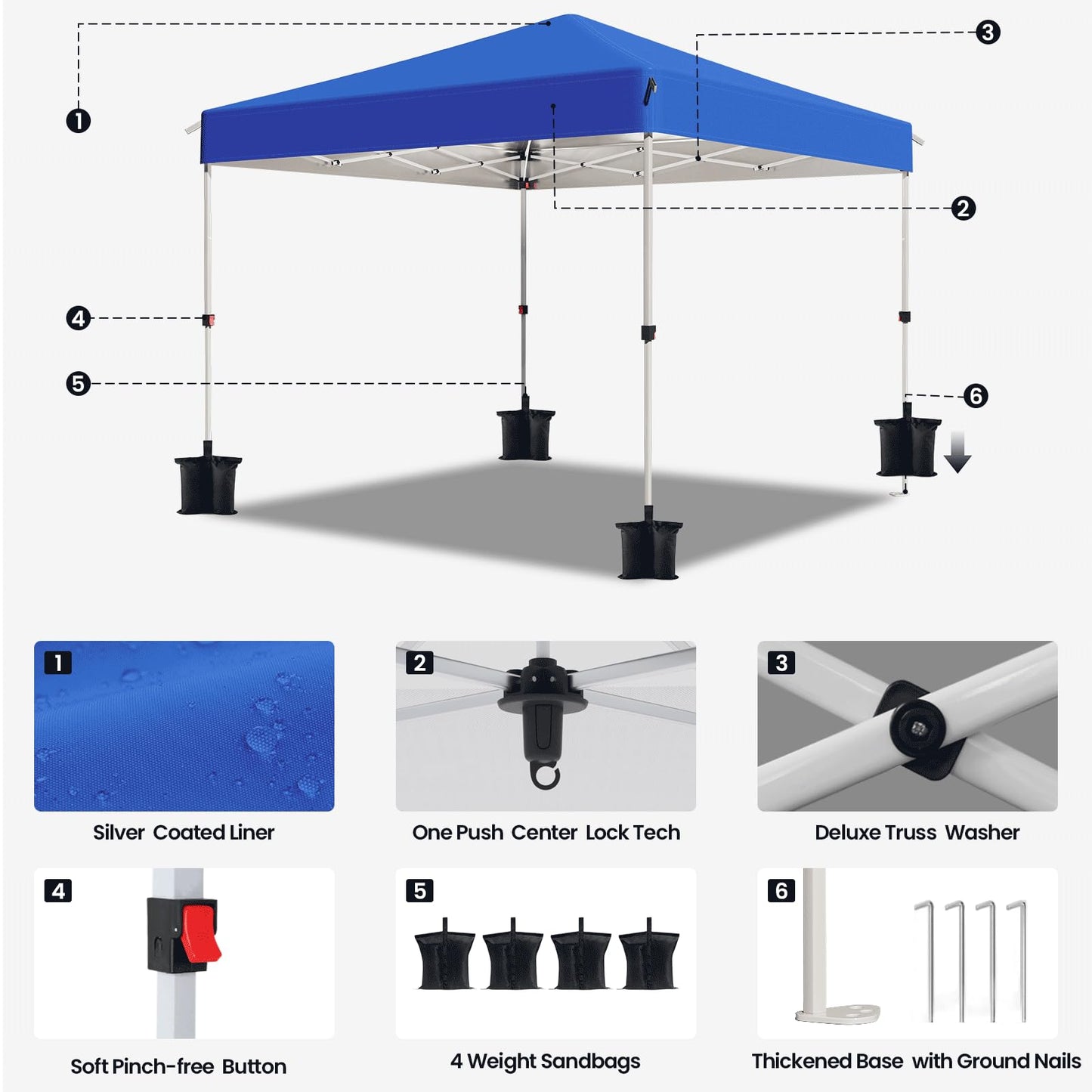 10x10 Pop Up Canopy Tent,Outdoor Canopy with One Push Setup,Easy Up Canopy with 3 Adjustable Height,4 Sandbags, UPF 50+ Event Shelter Tents for Parties,Camping,Market,Patio(Blue)