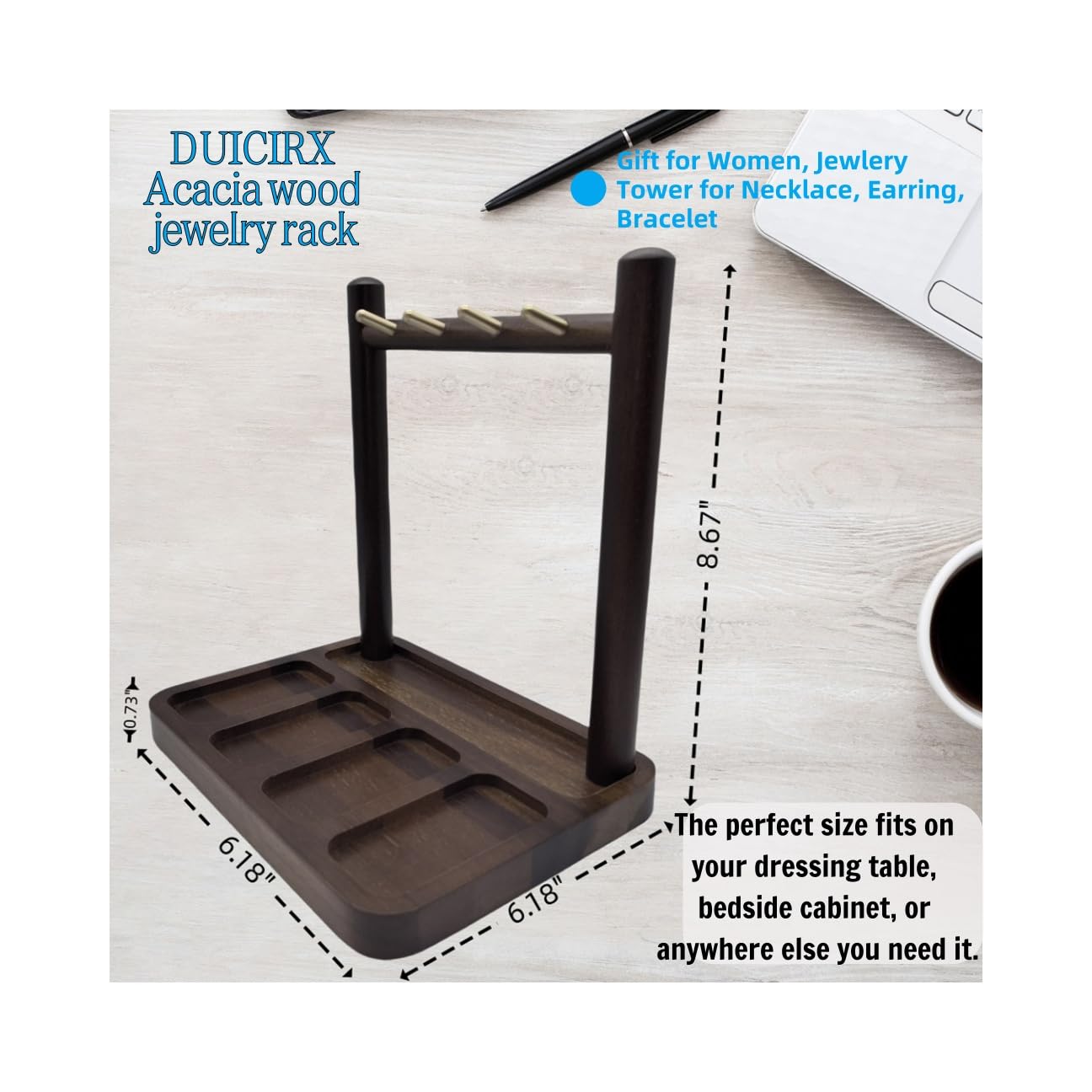 DUICIRX Jewelry Organizer Stand, Jewelry Holder, Earring Holder with 4 Hooks Necklace Organizer Wood Box for Necklace Bracelet Earring Ring (Walnut, 8.5" D x 6.1" W x 8.7" H)
