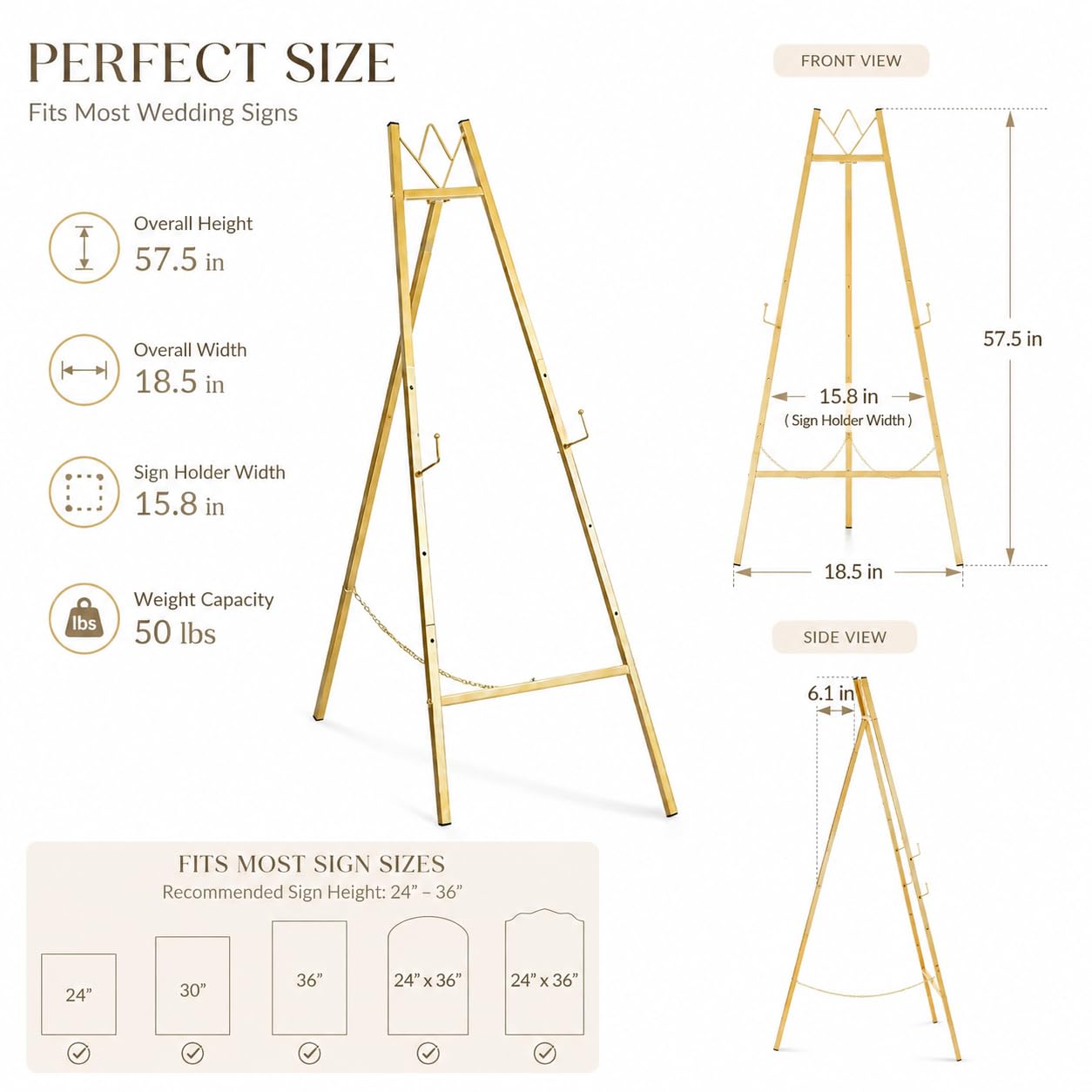57.5" Gold Easel Stand for Wedding Sign, Heavy Duty Metal Display Stand, 4-Tier Height Adjustable Easel for Art, Paintings, Welcome Signs, Posters, and Décor, Simply Assembly Required