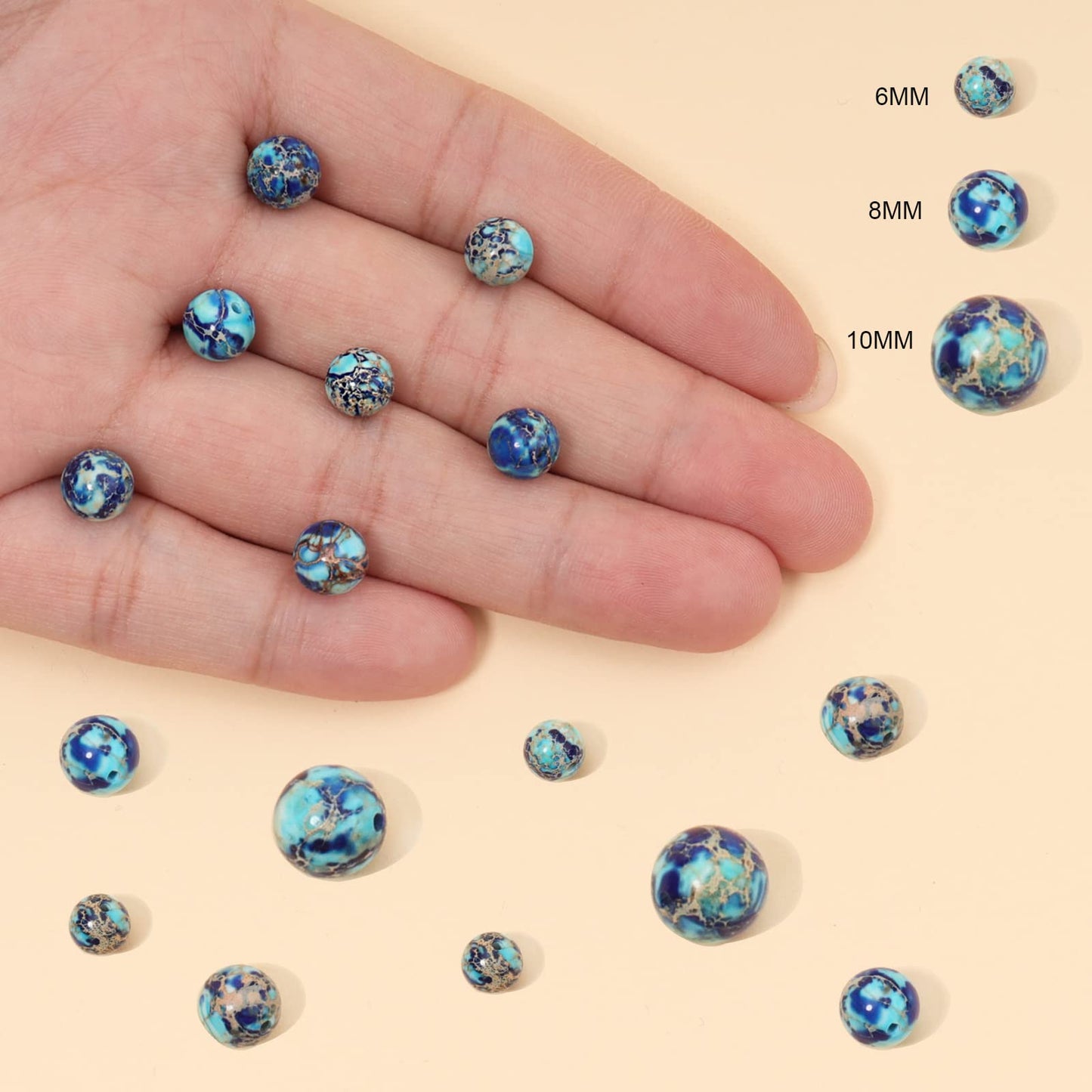 60pcs 6mm Natural Mixed Blue Imperial Jasper Gemstone Beads Energy Healing Crystal Round Loose Stone Beads for Jewelry Making, DIY Bracelets Necklaces