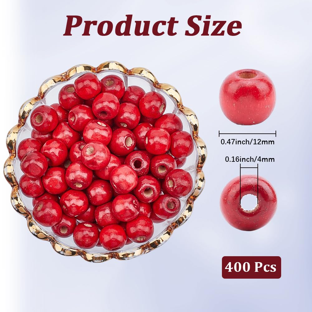 PONABEADIY 400PCS 12MM Red Wood Macrame Beads with Large Holes Natural Round Dyed Wooden Vintage Hair Solid Loose Spacer Loose Bead Bulk for Jewelry Making Christmas Holiday Garland DIY Craft Supply