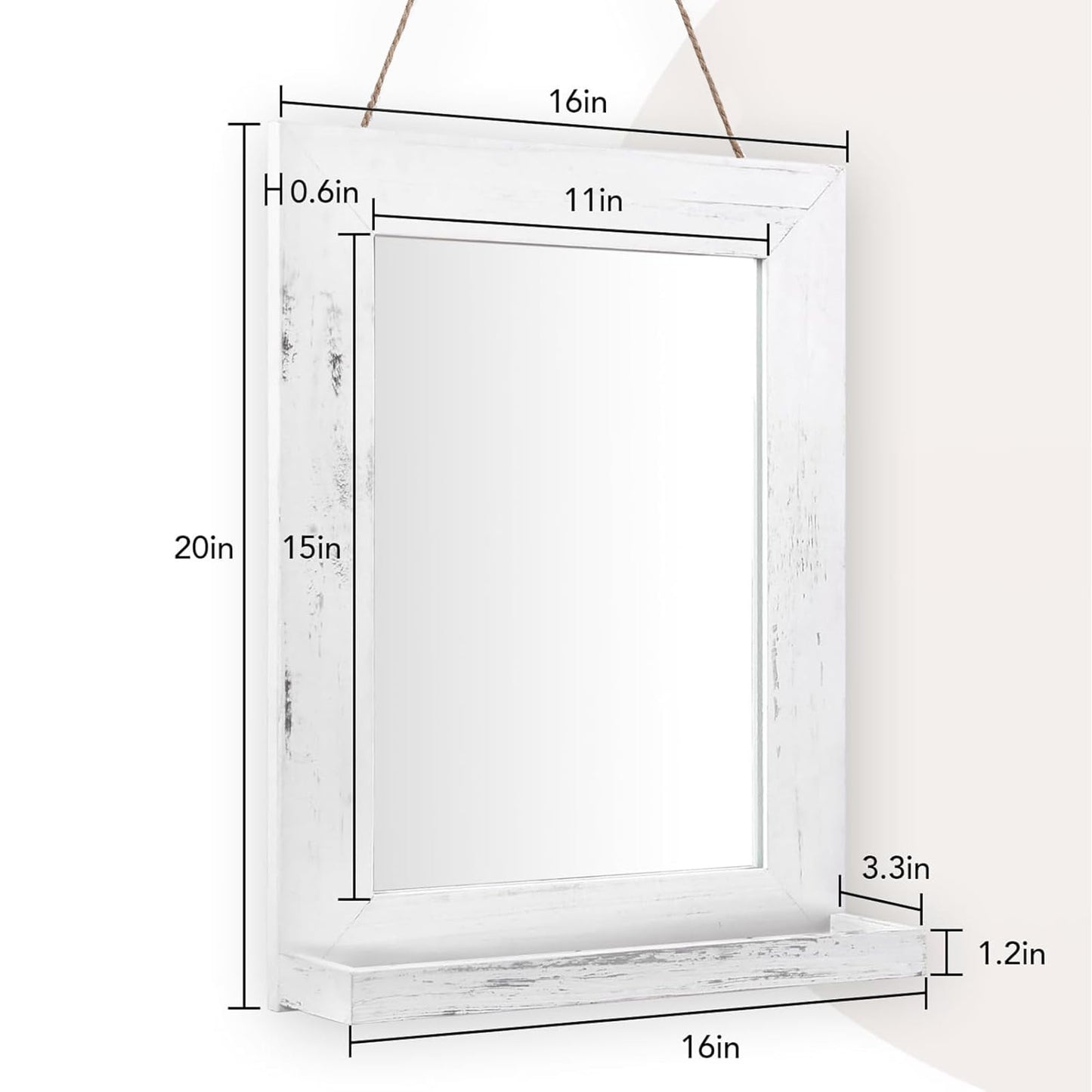 QDSSDECO 16"×20" Wall Mirror with Shelf Farmhouse Decor Rectangular Mirror Hanging for Bathroom, Vanity, Bedroom, Entryway, Living Room,White with Hemp Rope