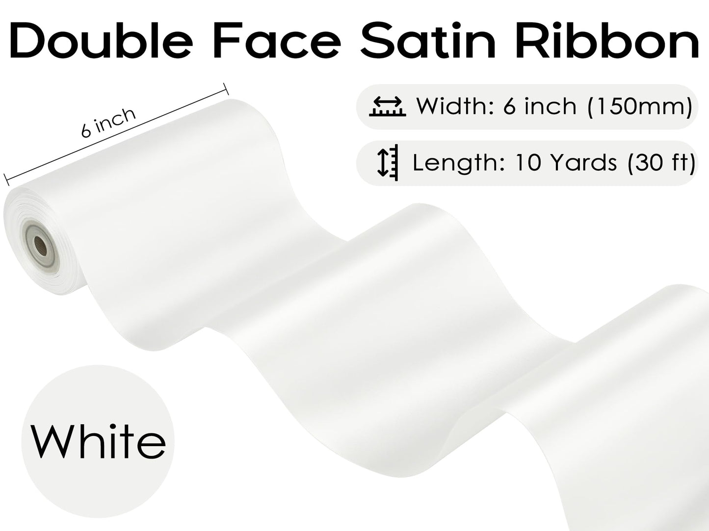 HUIHUANG Thick White Satin Ribbon 6 inch Extra Wide Double-Faced Satin Ribbon for Chair Sashes, Gift Wrapping, Large Bows, Sewing Crafts, Wreaths, Christmas Wedding Decor- Continuous 10 Yards
