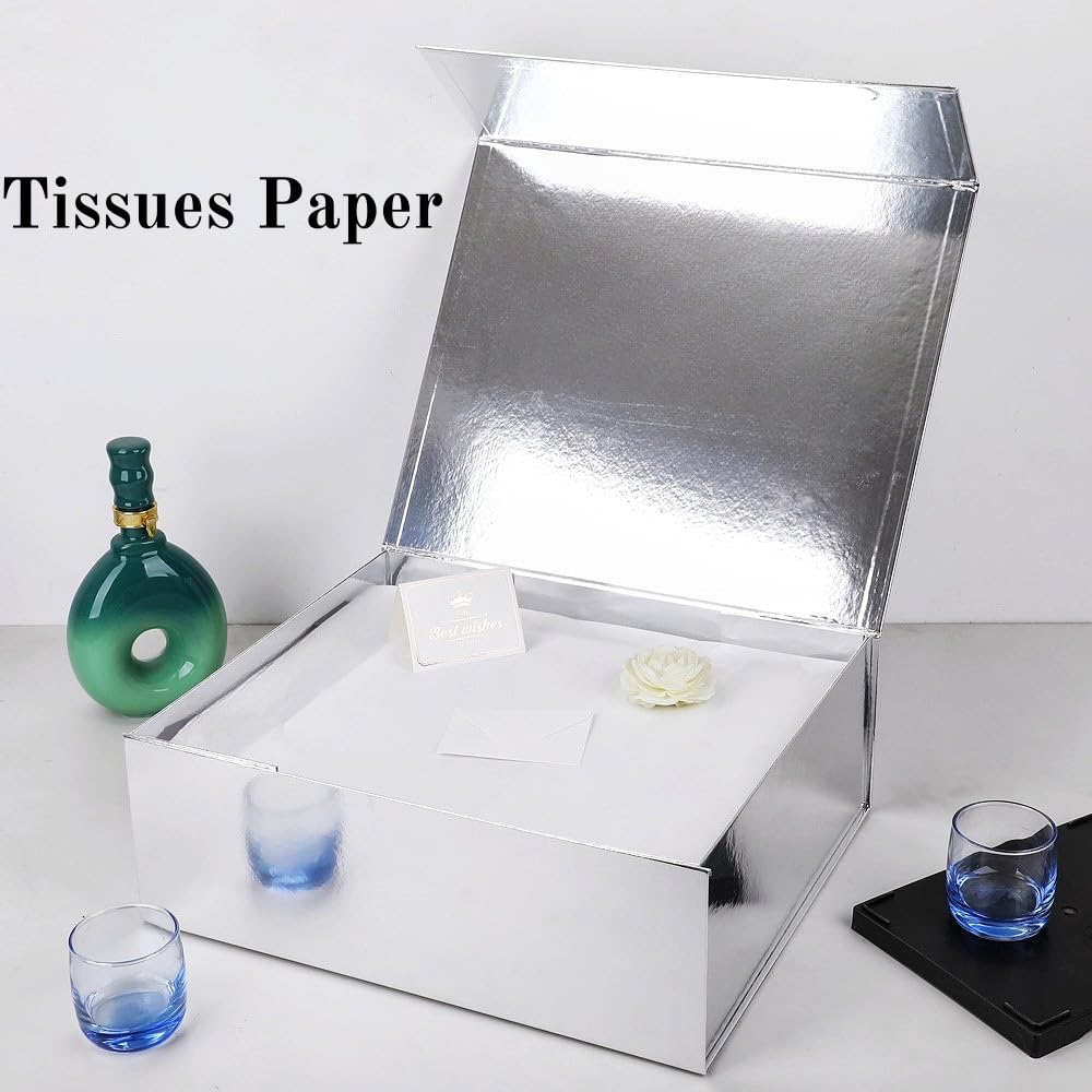 UoeRing 1 Pcs Silver Gift Box Large 13.5x11.8x4.7 inch Luxury Gift Box for Presents with Magnetic Closure Lid Collapsible,Birthday,Contains Card, Ribbon, Tissue Paper,Shredded Paper Filler